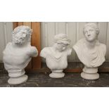 Two large classical-style female plaster of Paris busts, 35” & 28”; & a similar male bust, 34”