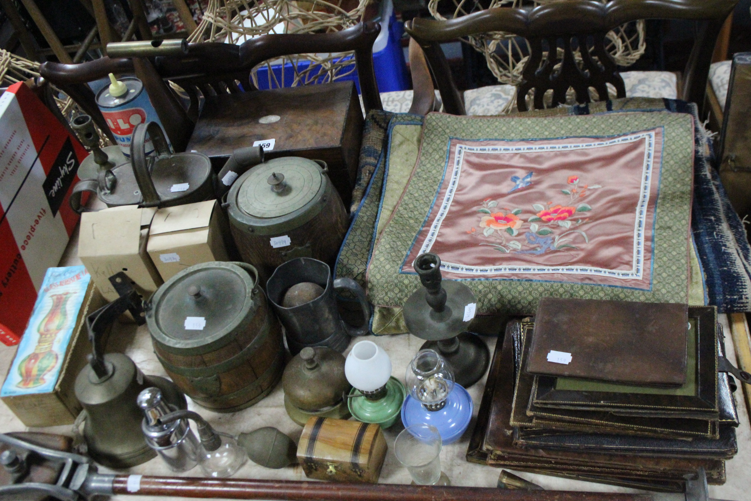 A brass wall bell with iron bracket; a shooting stick; a 19th century mahogany trinket box; & sundry