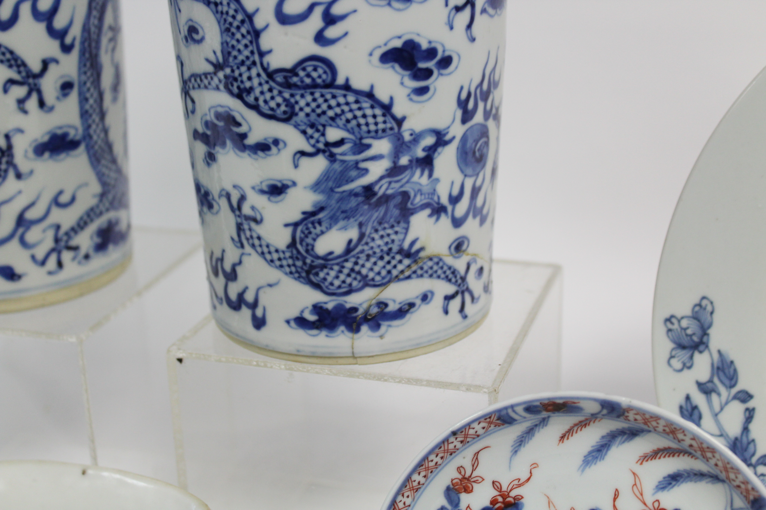 A pair of 19th century Chinese blue-&-white Rouleau vases with painted dragon decoration, 10” - Image 4 of 15