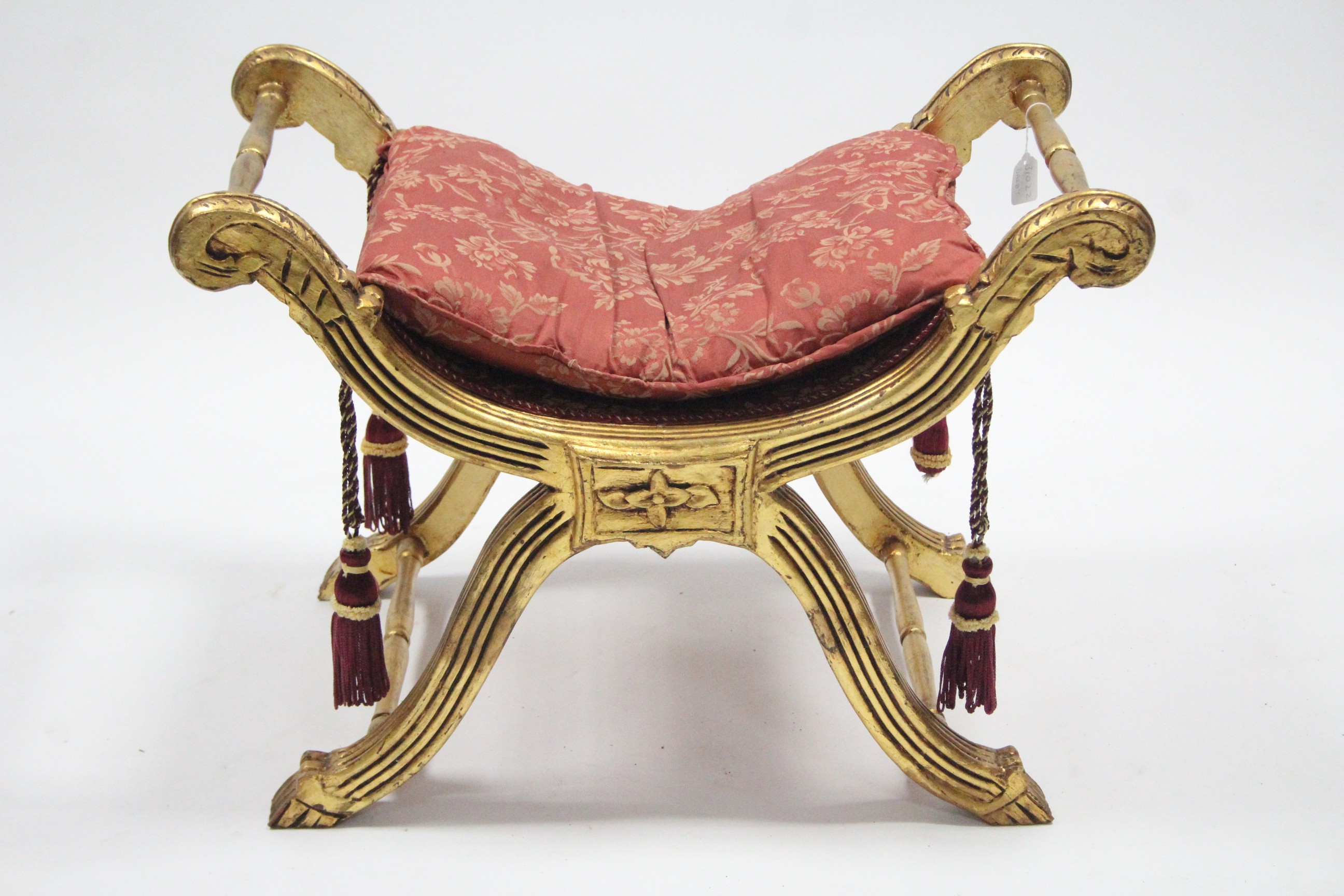 A regency-style giltwood stool, the carved & reeded ‘X’ frame joined by turned stretchers, & on - Image 2 of 4