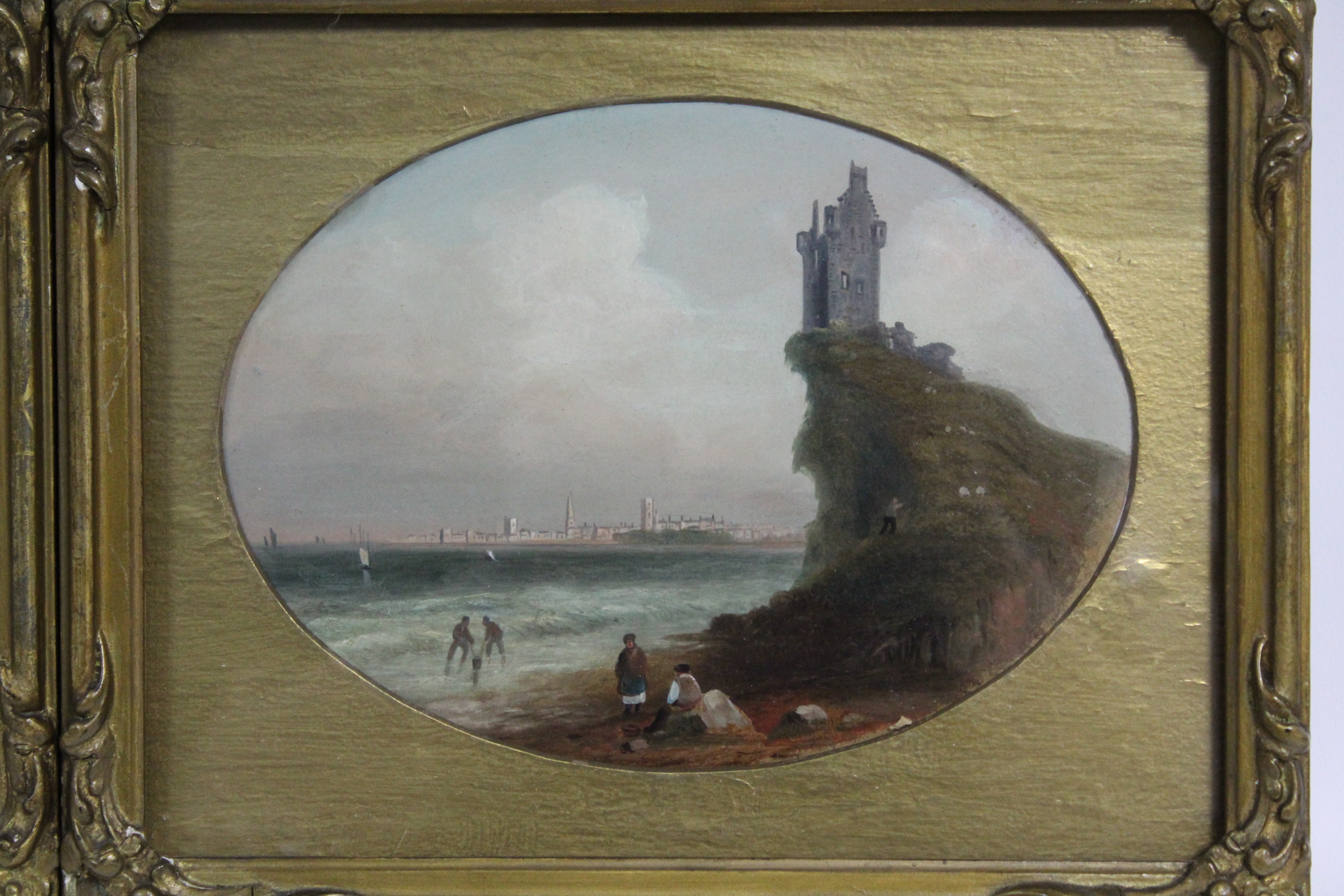 ENGLISH SCHOOL, mid-19th century. A coastal scene with cliff-top castle, figures on the beach, a - Image 3 of 7