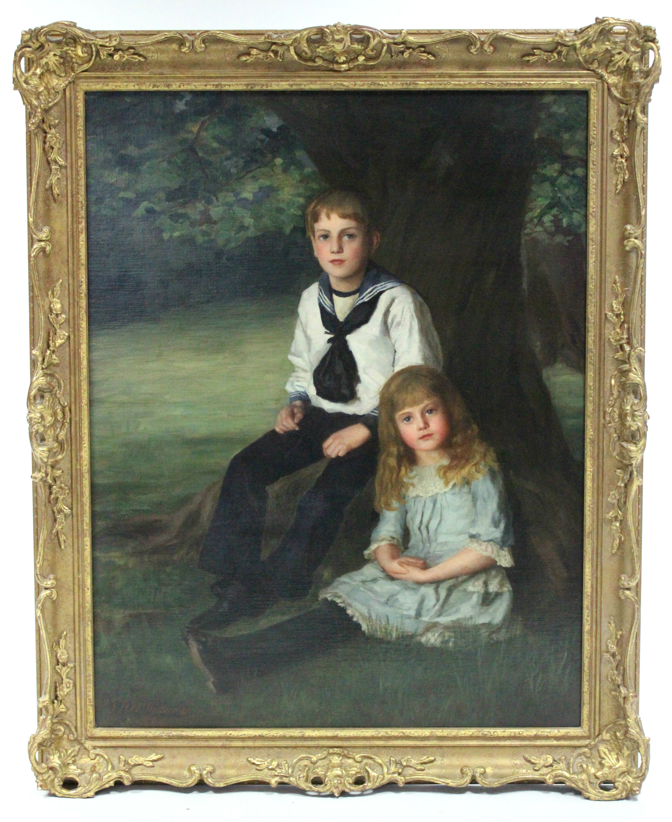 WILLIAMS, Francis H. (late 19th century). A portrait of a young girl & boy seated beside a tree in