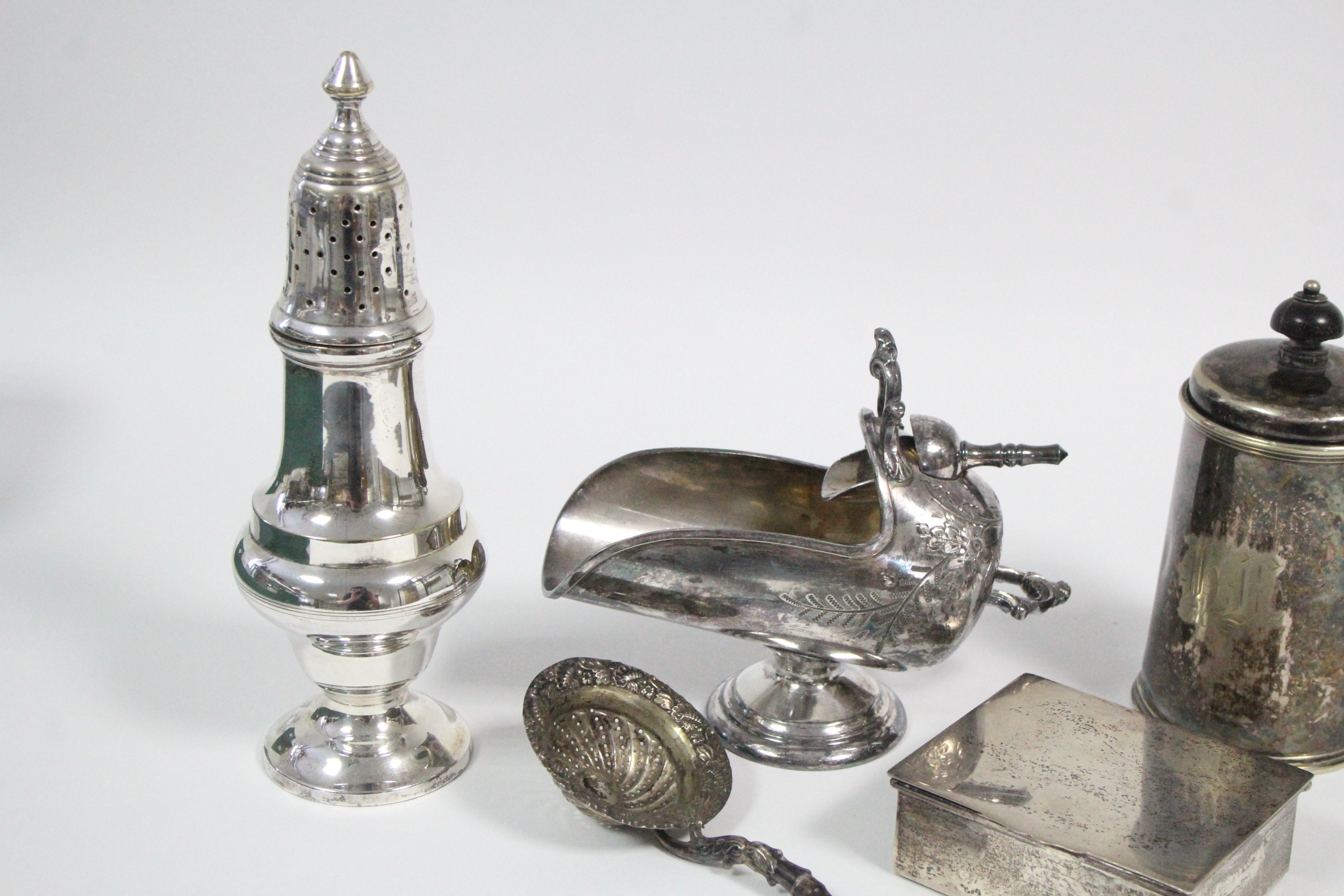 A large electro-plated sugar castor, 8¼" high; a ditto sugar scuttle; a lidded pot with turned - Image 2 of 4
