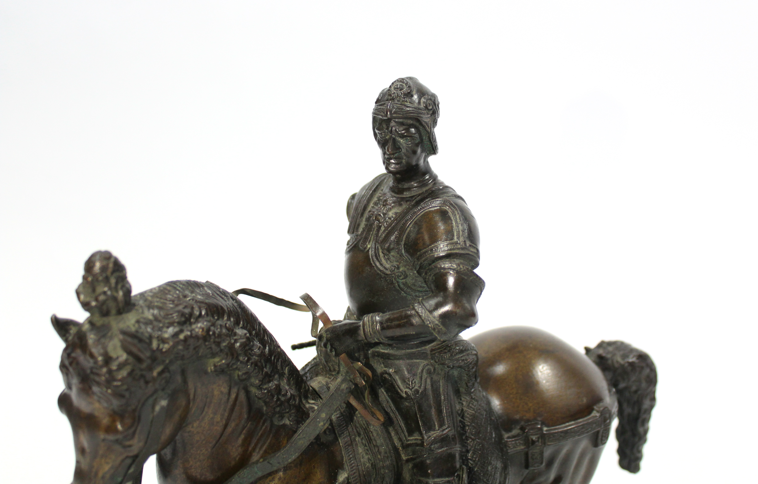 A 19th century gilt-bronze equestrian group of Bartolomeo Colleoni, after del Verrocchio; 14” x 14”, - Image 2 of 11