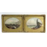 ENGLISH SCHOOL, mid-19th century. A coastal scene with cliff-top castle, figures on the beach, a