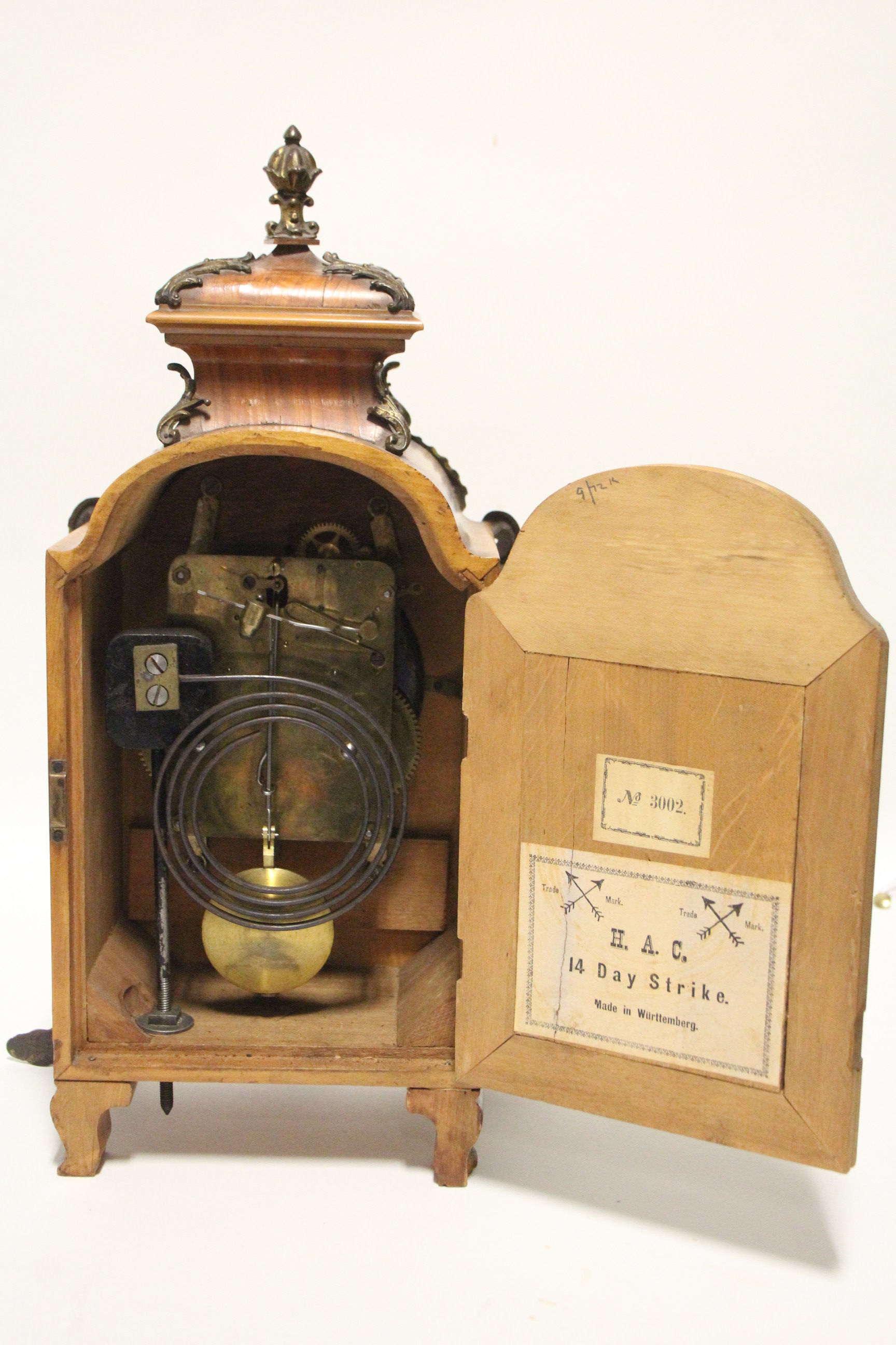 A late 19th century German rococo-style mantel clock, the 4” white enamel dial with Arabic numerals, - Image 4 of 5