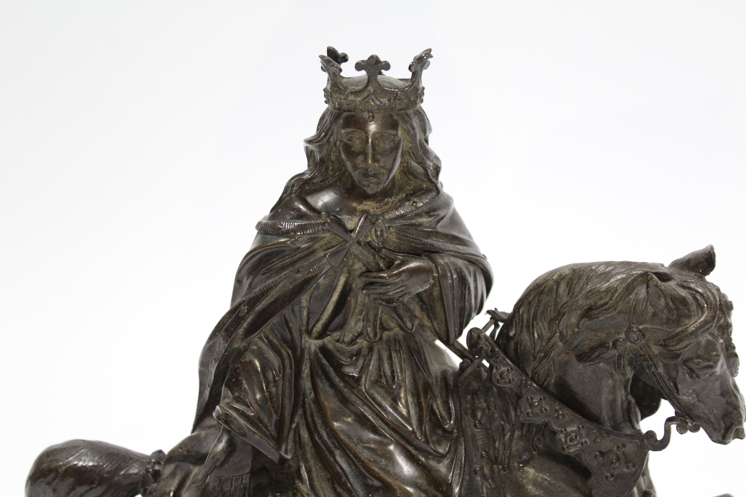 A 19th century BRONZE EQUESTRIAN FIGURE OF A MEDIEVAL KING wearing a crown & with sword in one hand, - Image 2 of 5