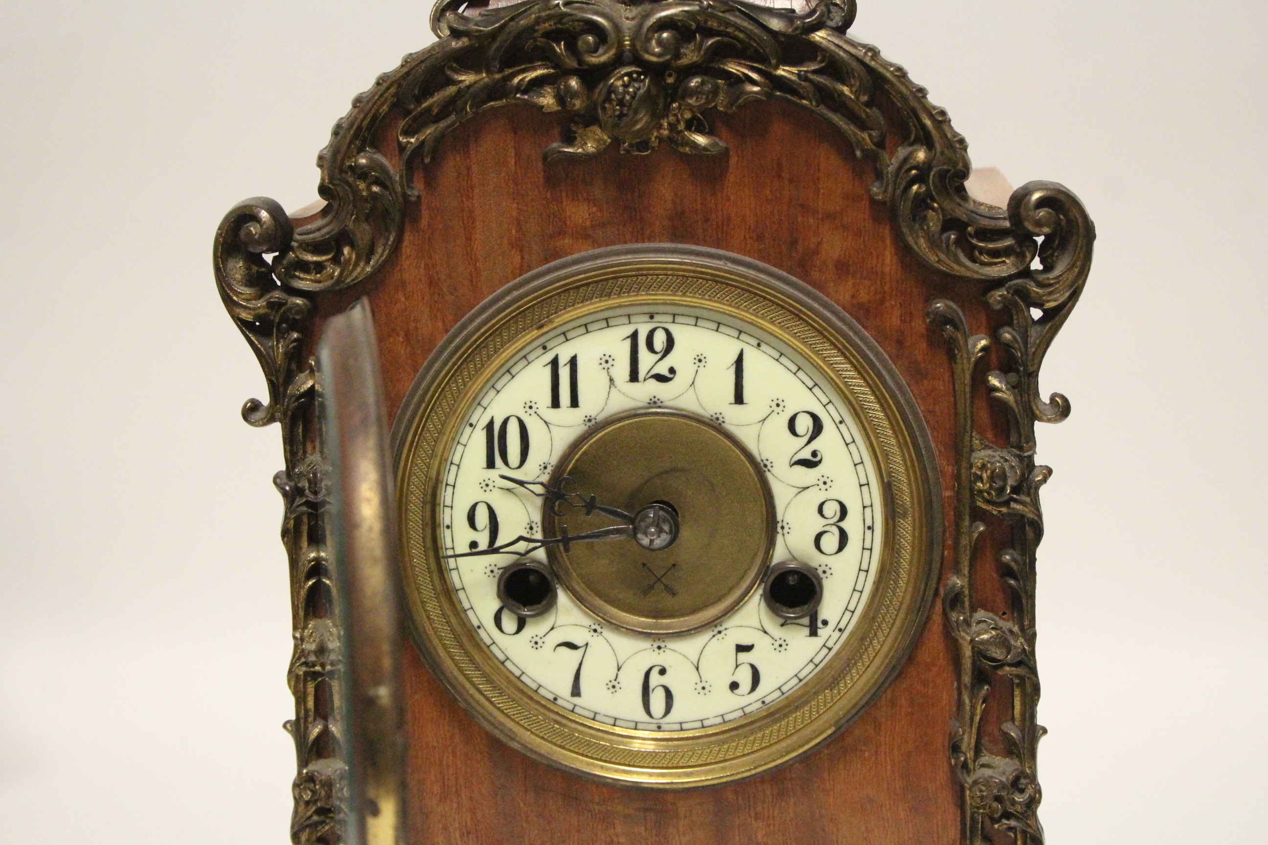 A late 19th century German rococo-style mantel clock, the 4” white enamel dial with Arabic numerals, - Image 3 of 5