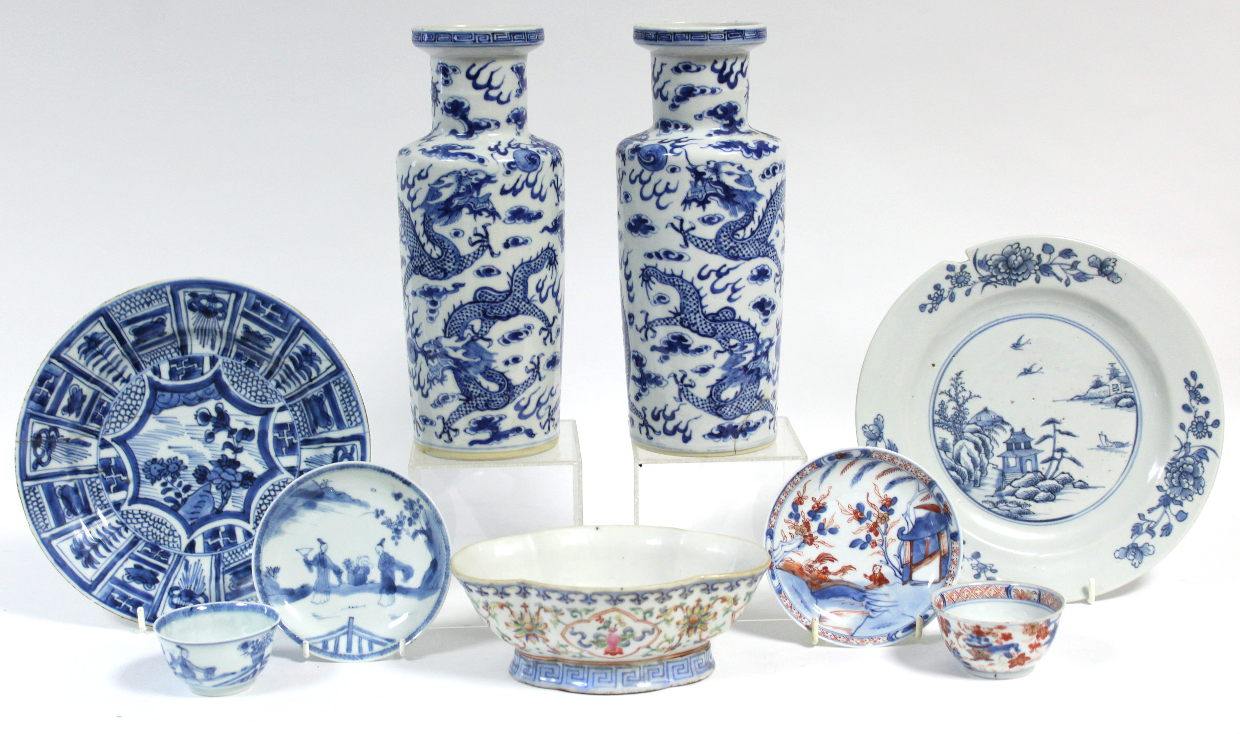 A pair of 19th century Chinese blue-&-white Rouleau vases with painted dragon decoration, 10”