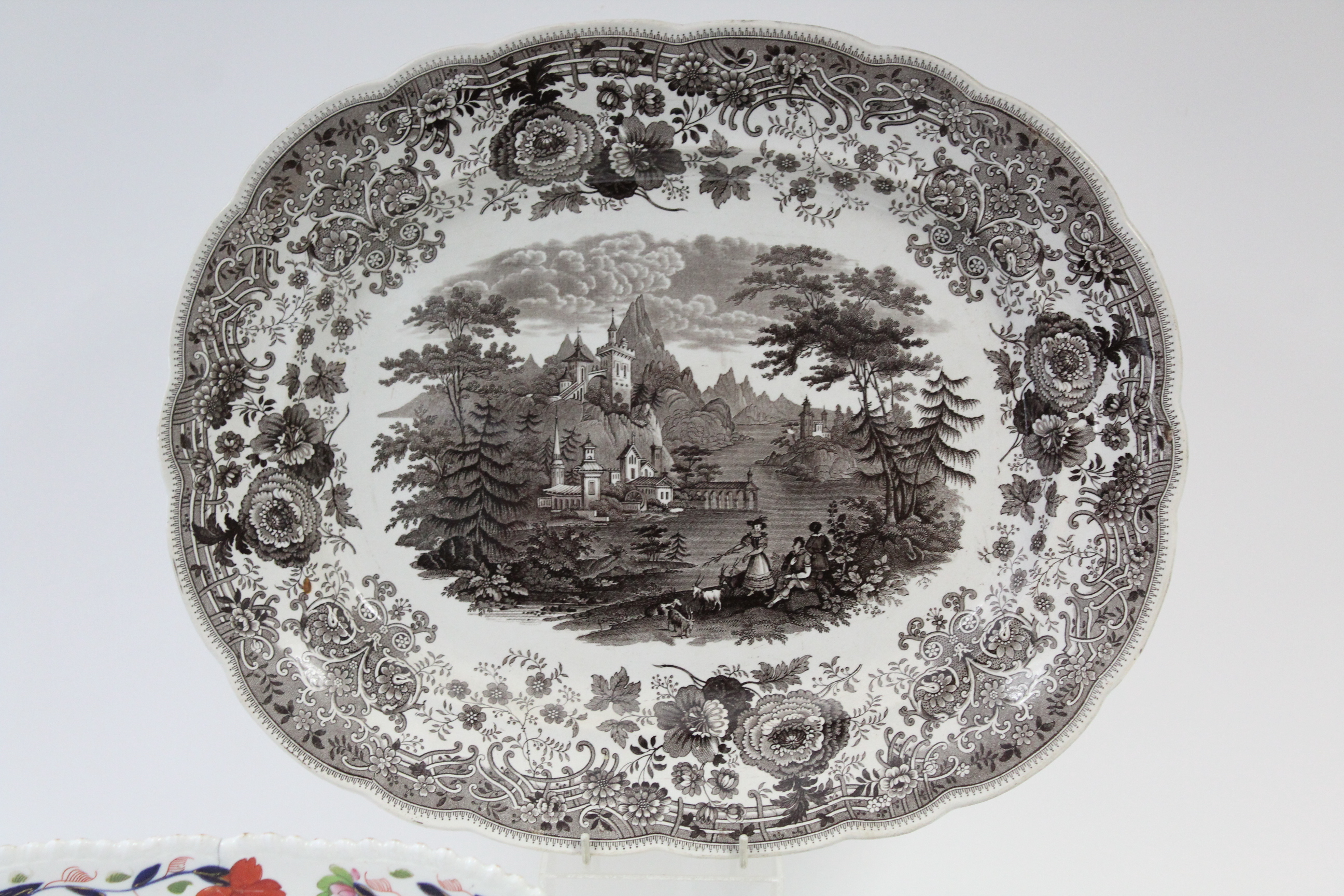 A 19th century W. Ridgeway “Tyrolean” pattern sepia transfer oval meat plate, 17” x 14”; & two - Image 2 of 7