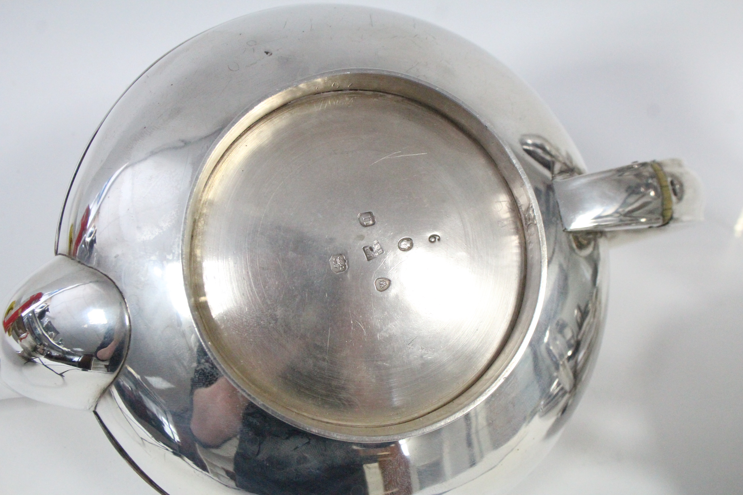 A WILLIAM IV SILVER THREE-PIECE TEA SET, of squat round form with waisted bands & scroll handles, - Image 5 of 7