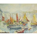 GREIG, Donald. R. S. M. A., F. R. S. A. (1916-2009). Fishing boats tied up at Mevagissey harbour.