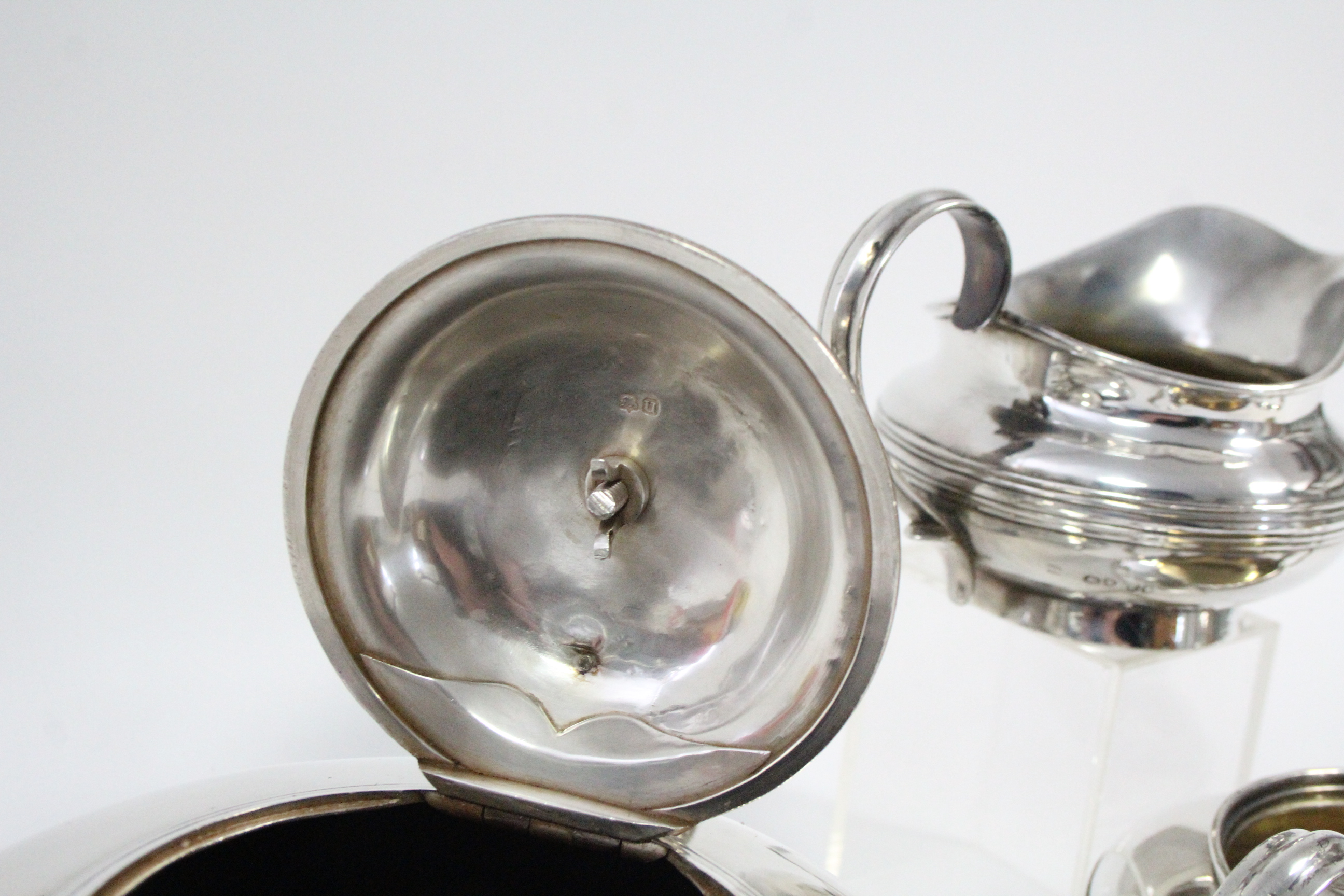 A WILLIAM IV SILVER THREE-PIECE TEA SET, of squat round form with waisted bands & scroll handles, - Image 4 of 7