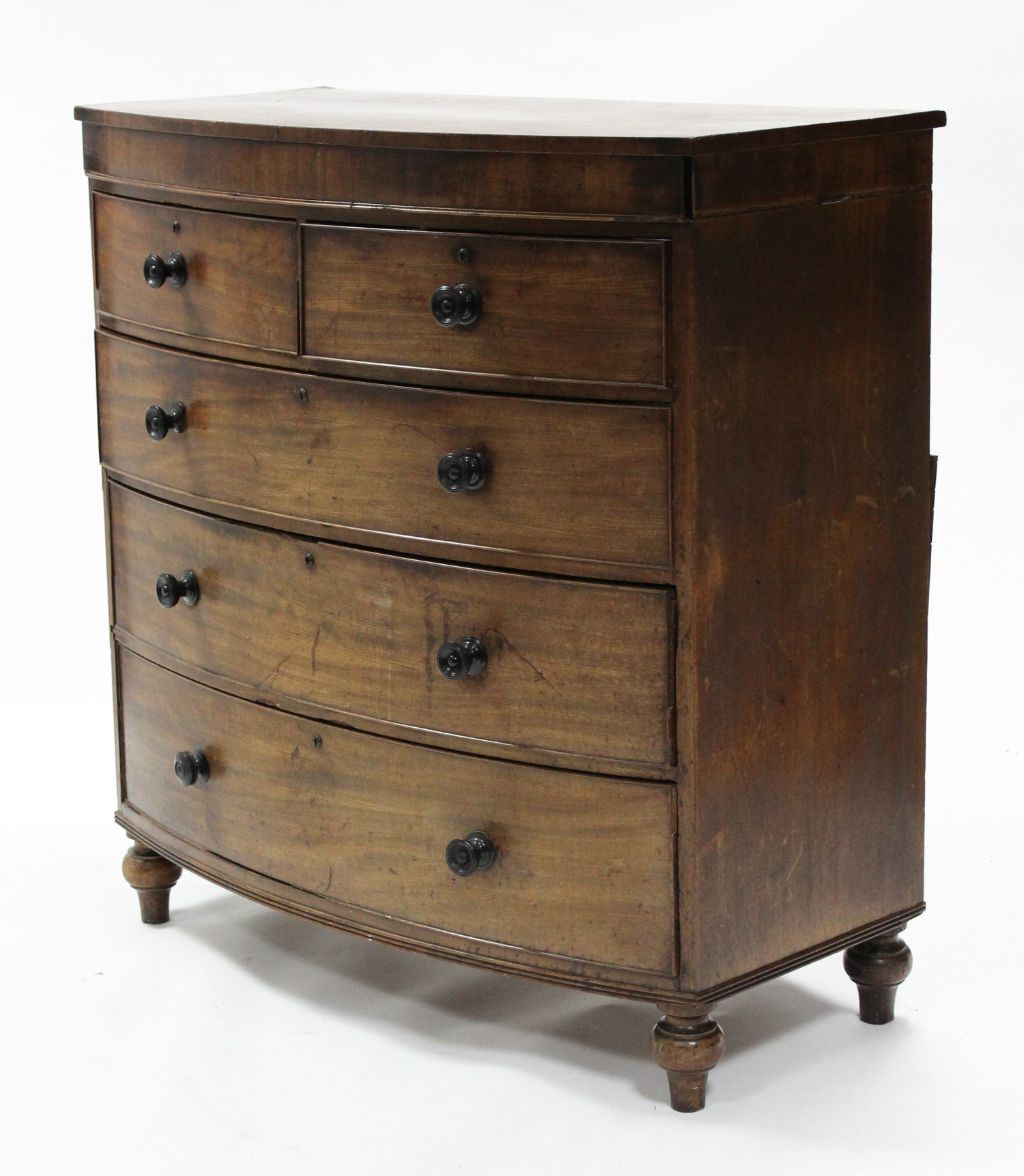 A Victorian mahogany bow-front chest fitted two short & three long graduated drawers with ebonised