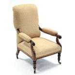 An early Victorian mahogany-frame open armchair, the tall padded back, seat, & arms upholstered pale