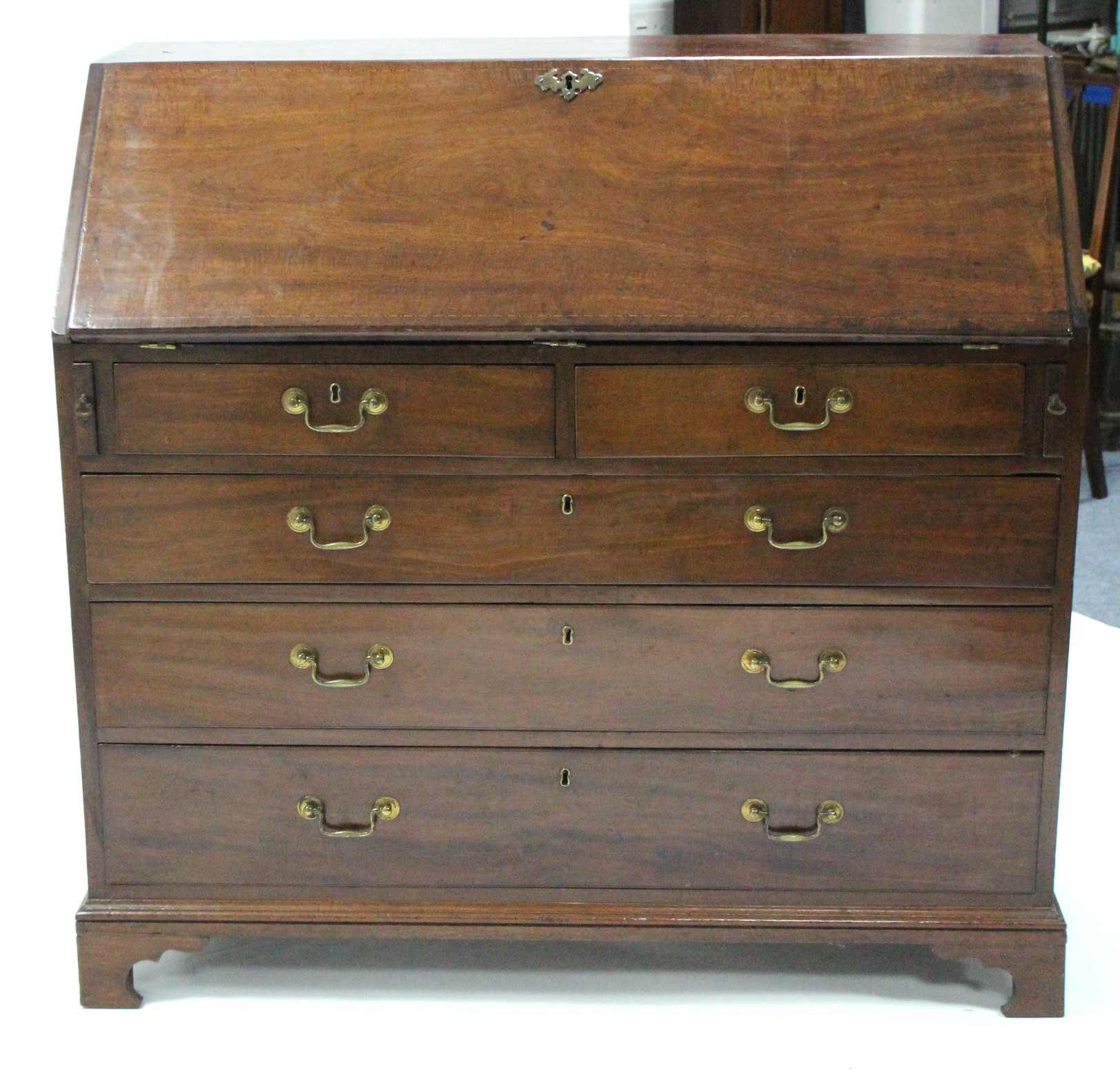 A George III inlaid mahogany bureau, the sloping fall-front enclosing a fitted interior, with - Image 4 of 4