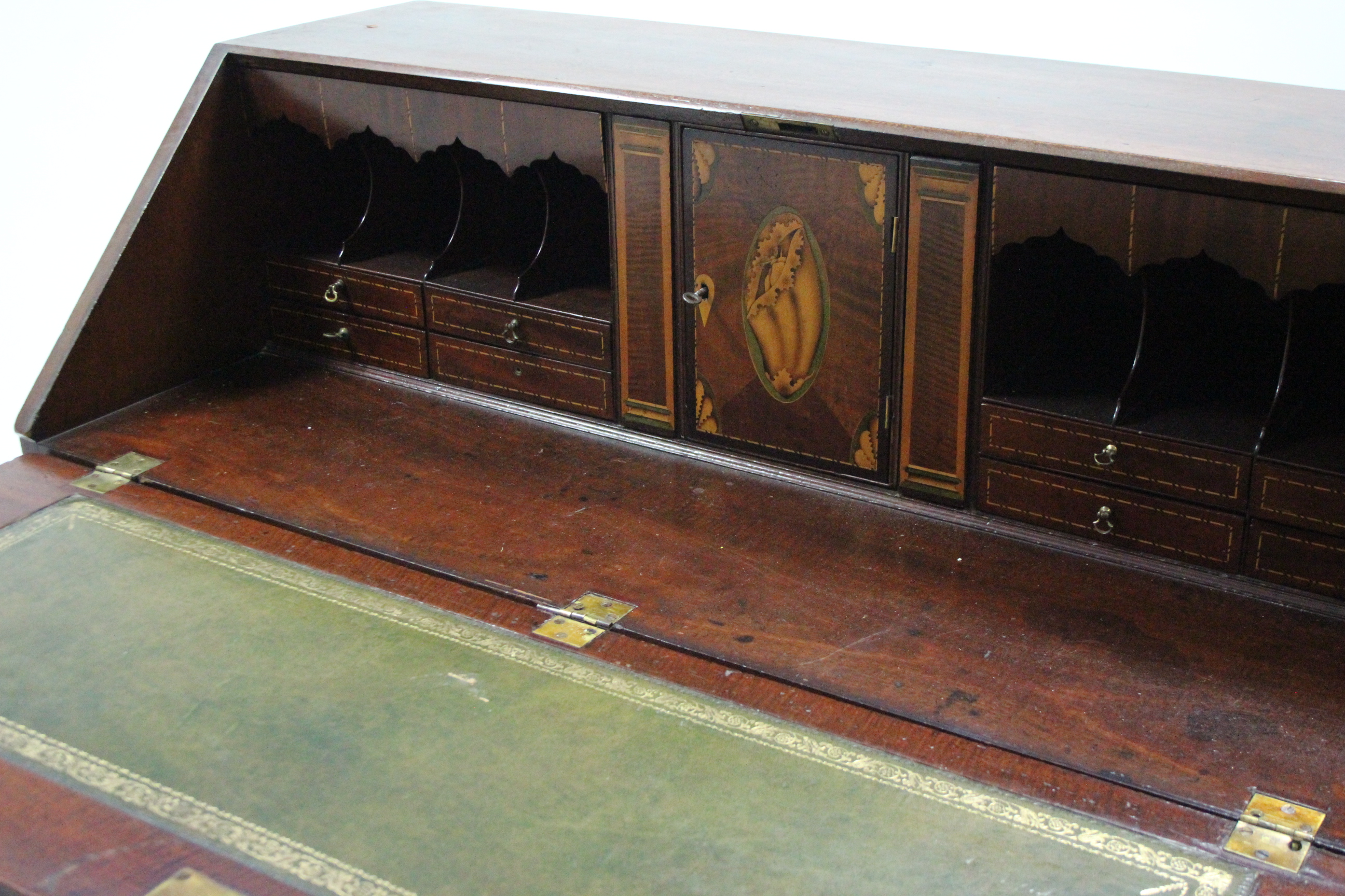 A George III inlaid mahogany bureau, the sloping fall-front enclosing a fitted interior, with - Image 3 of 4