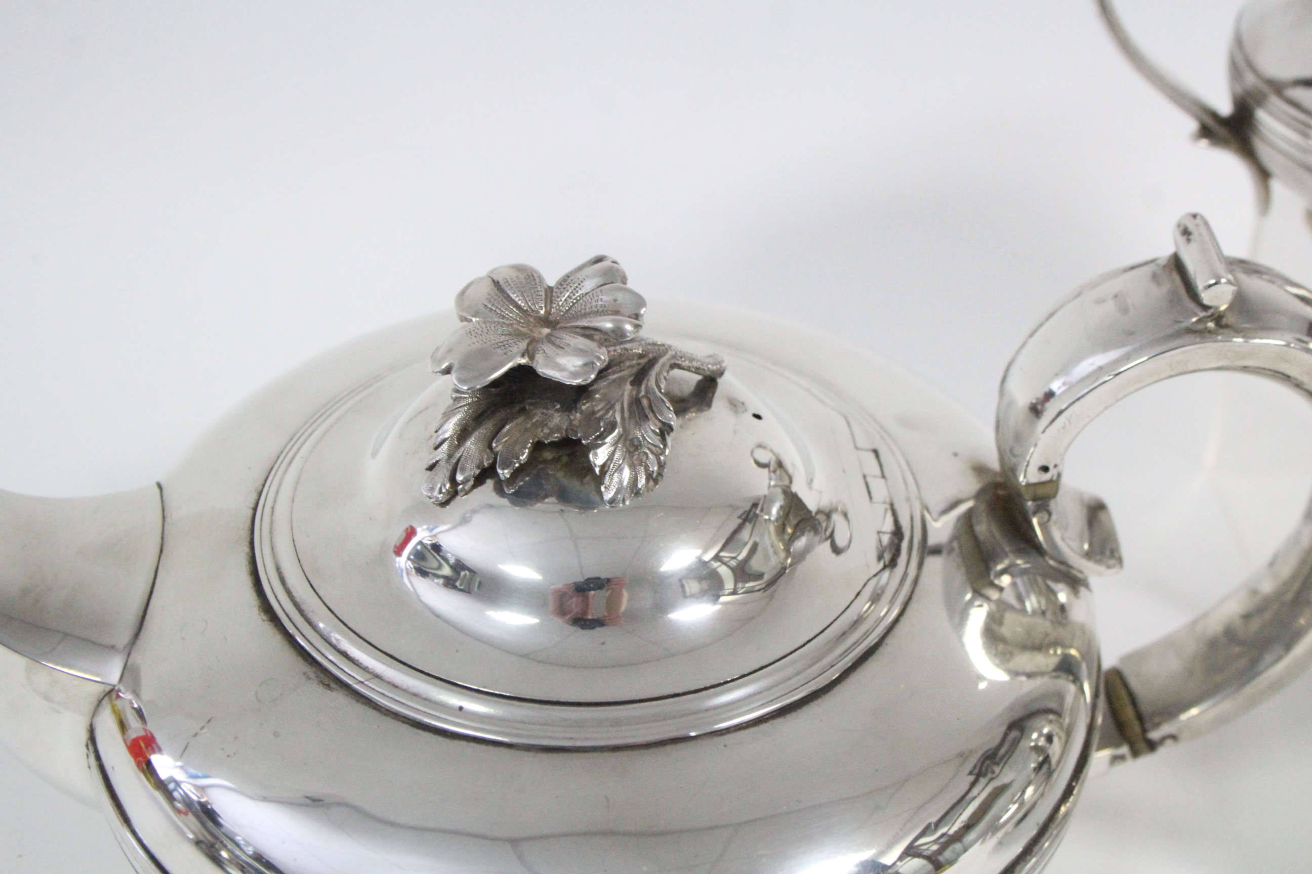 A WILLIAM IV SILVER THREE-PIECE TEA SET, of squat round form with waisted bands & scroll handles, - Image 3 of 7