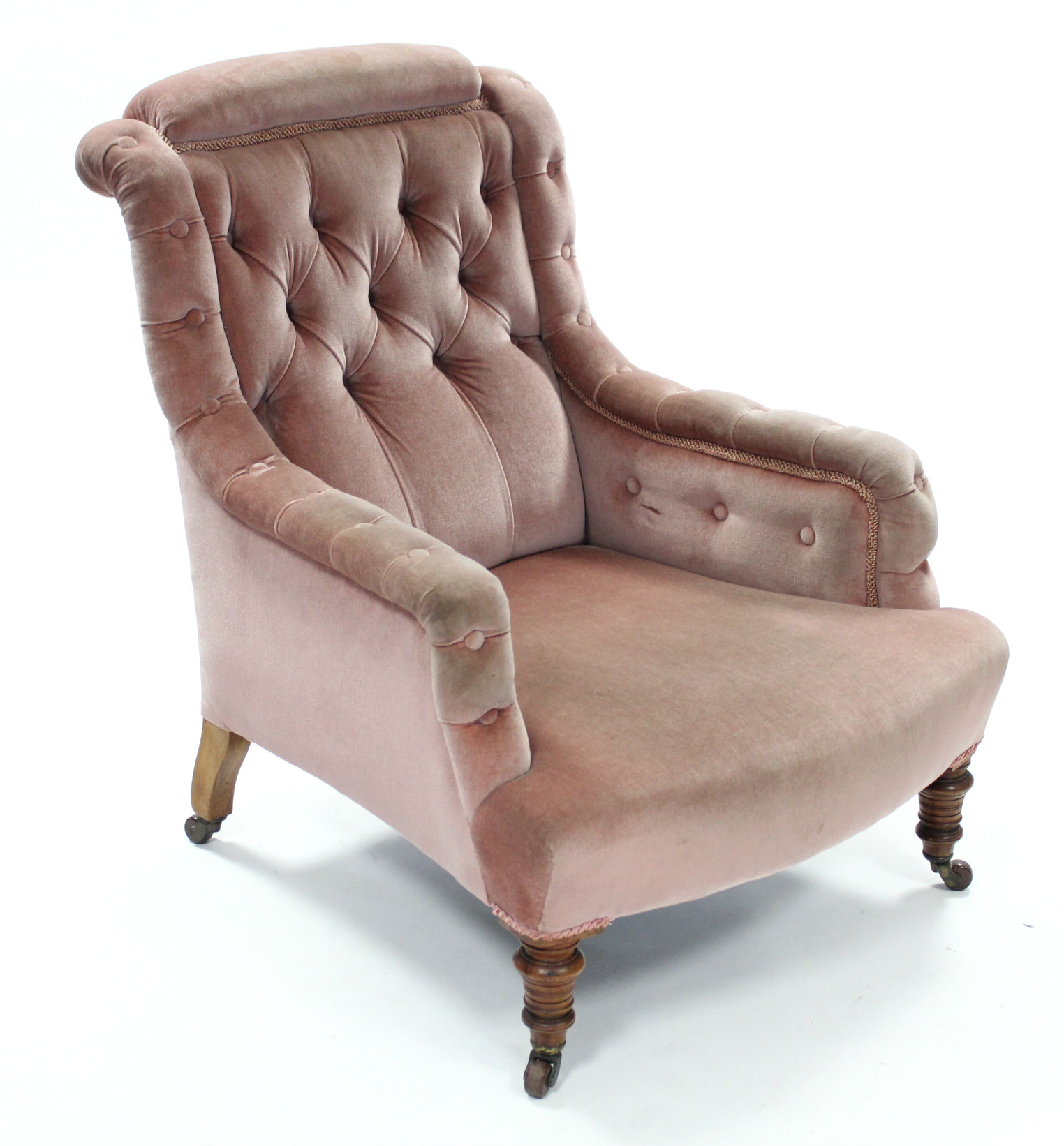A Victorian armchair, the square buttoned-back, arms, & sprung seat upholstered salmon-pink - Image 2 of 4