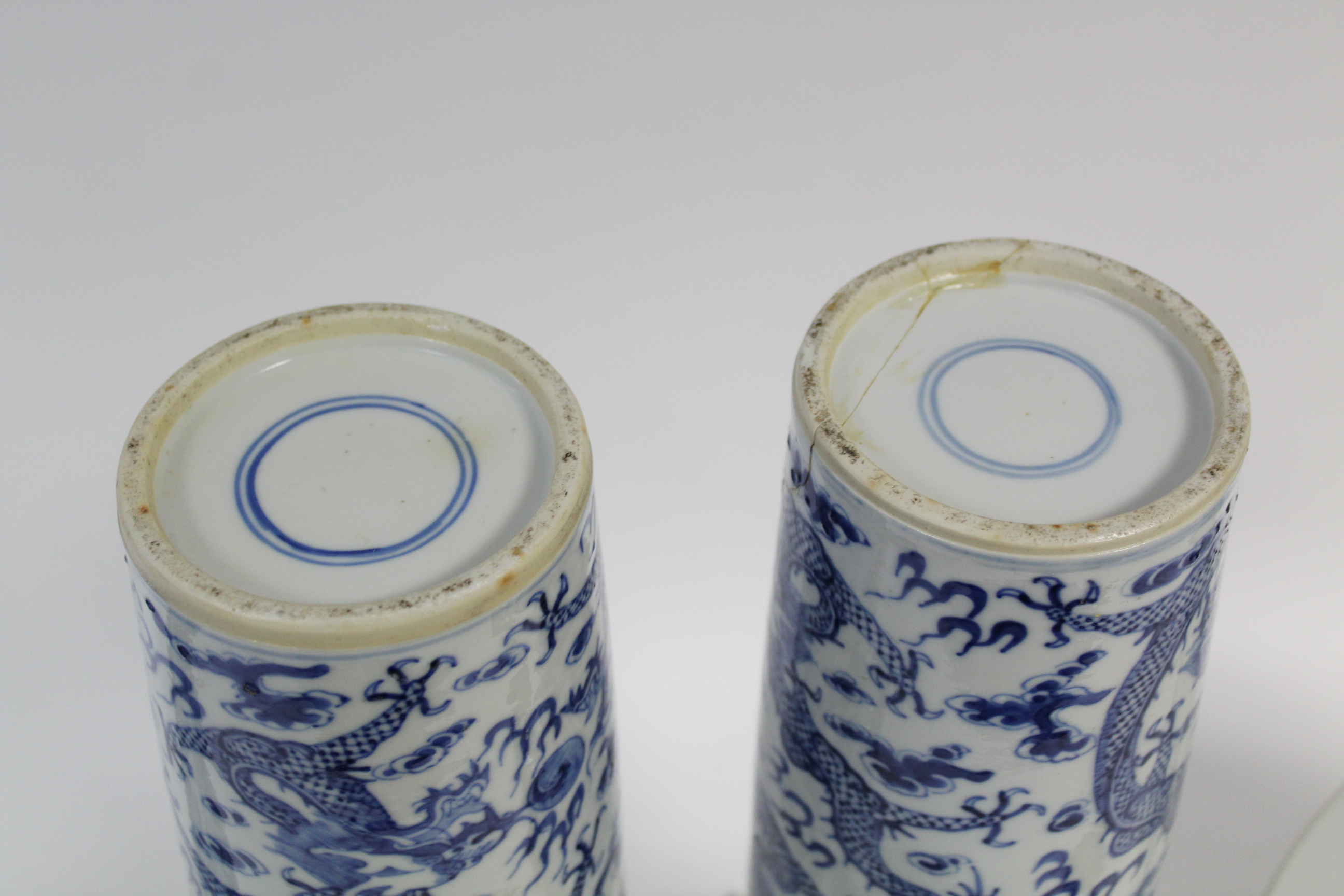 A pair of 19th century Chinese blue-&-white Rouleau vases with painted dragon decoration, 10” - Image 5 of 15
