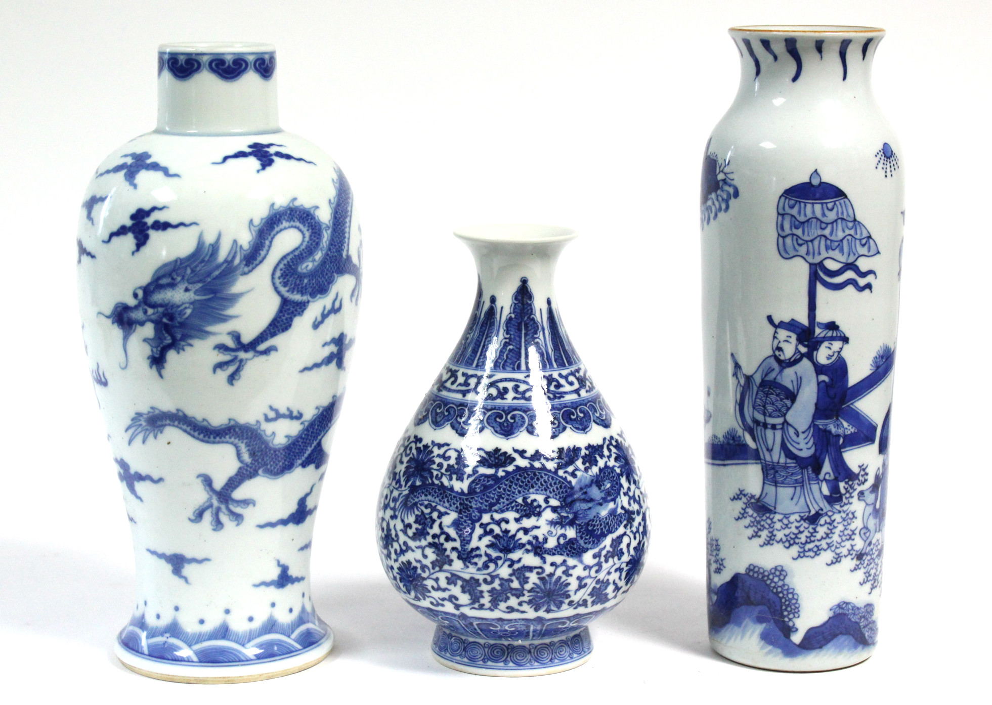 A Chinese porcelain blue-&-white baluster vase decorated with five-clawed dragons amongst clouds,