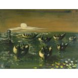 VIGNY, Sylvain. ((1903-1970). A moonlit seascape with figures in numerous small boats. Signed; oil