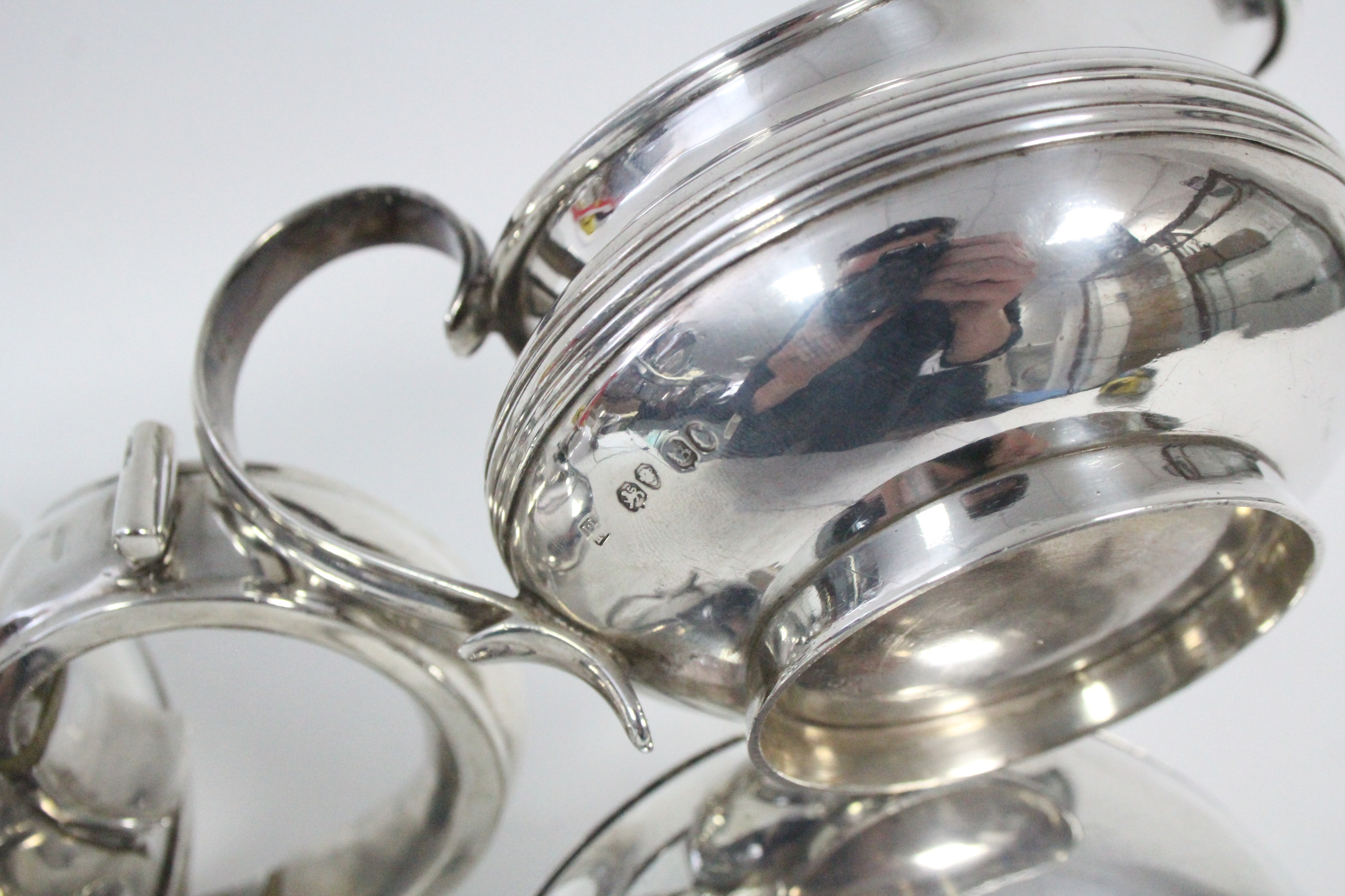 A WILLIAM IV SILVER THREE-PIECE TEA SET, of squat round form with waisted bands & scroll handles, - Image 7 of 7