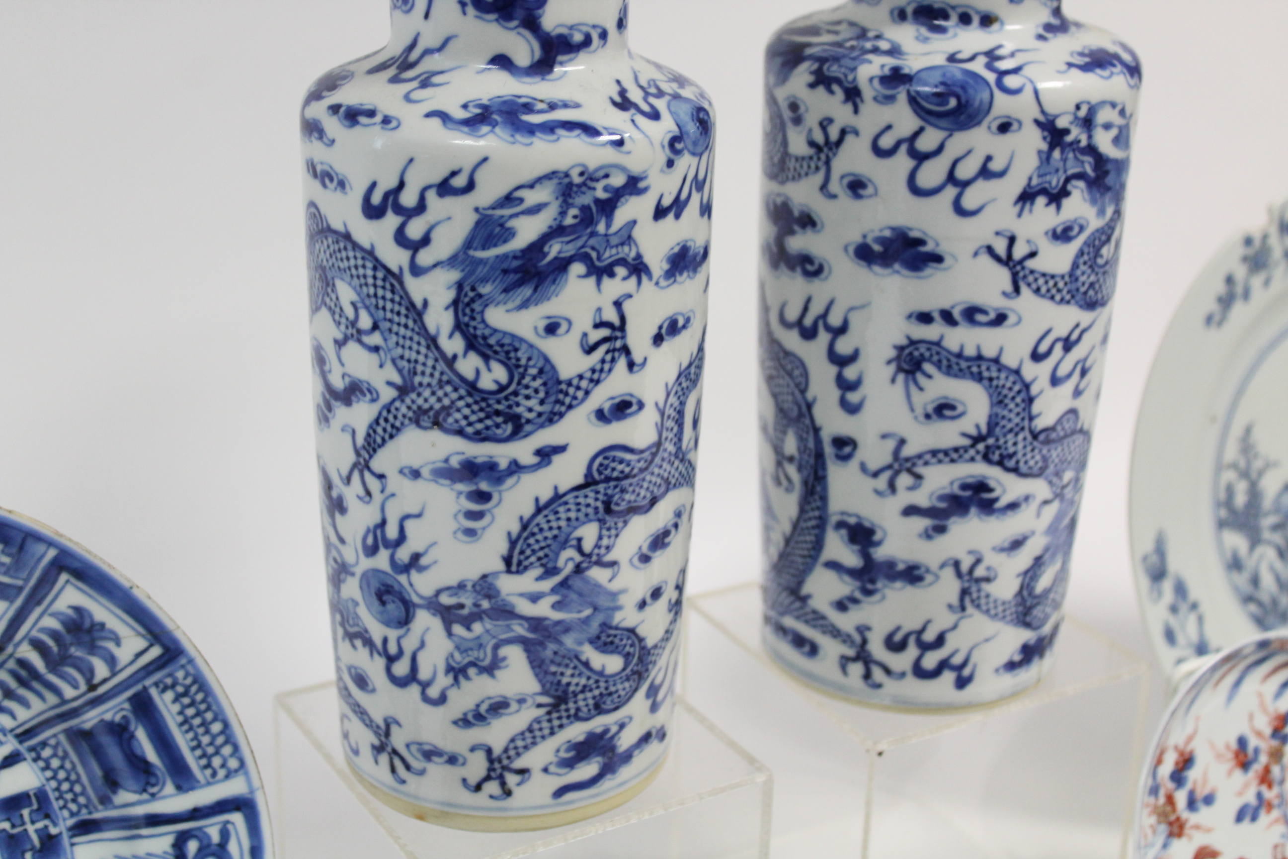 A pair of 19th century Chinese blue-&-white Rouleau vases with painted dragon decoration, 10” - Image 2 of 15