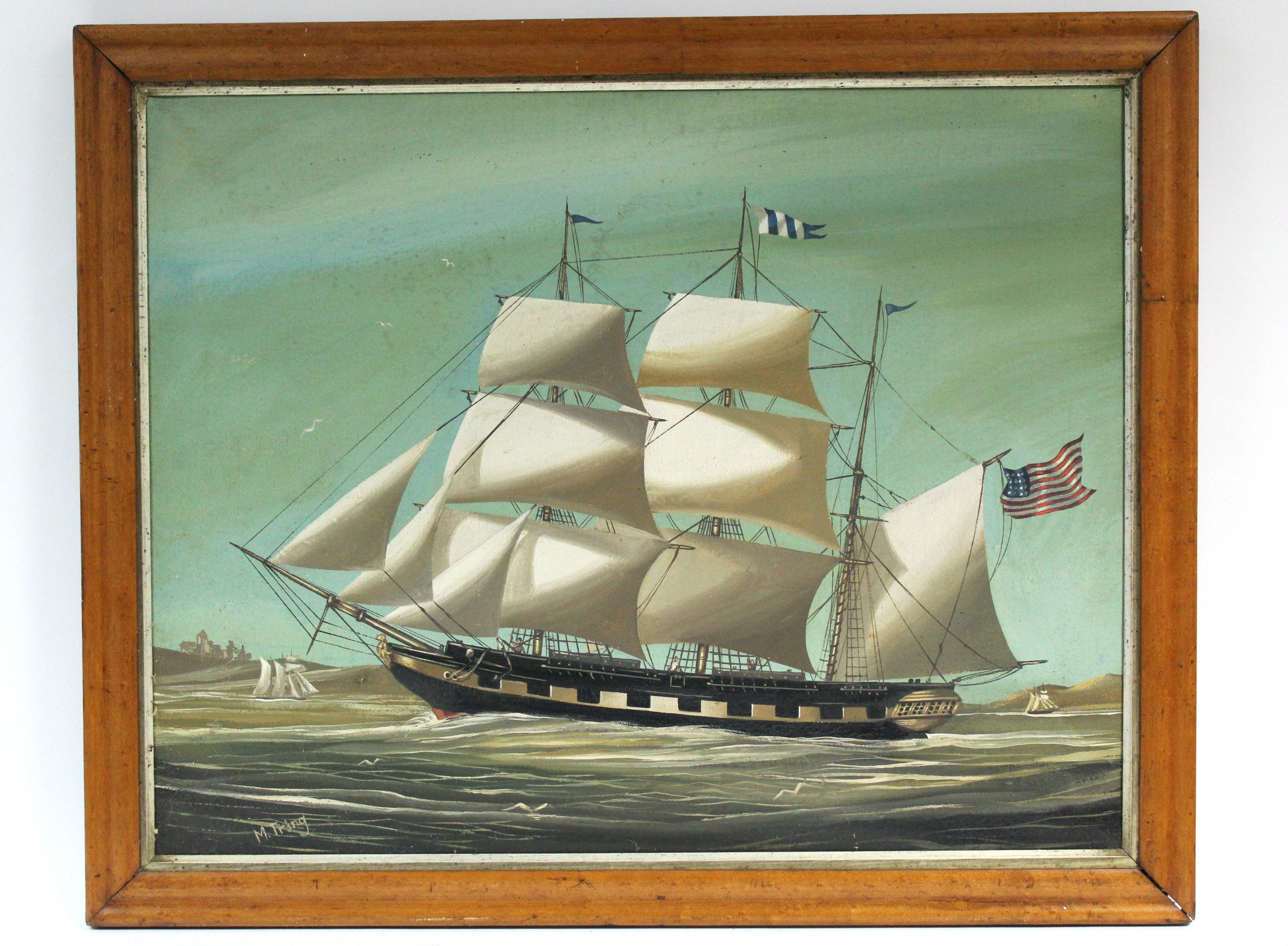 TRING, M. (20th century). An American three-masted merchant ship off the coast. Signed; oil on - Image 2 of 3