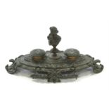 A 19th century gilt-bronze desk inkstand with classical female bust to the centre flanked either