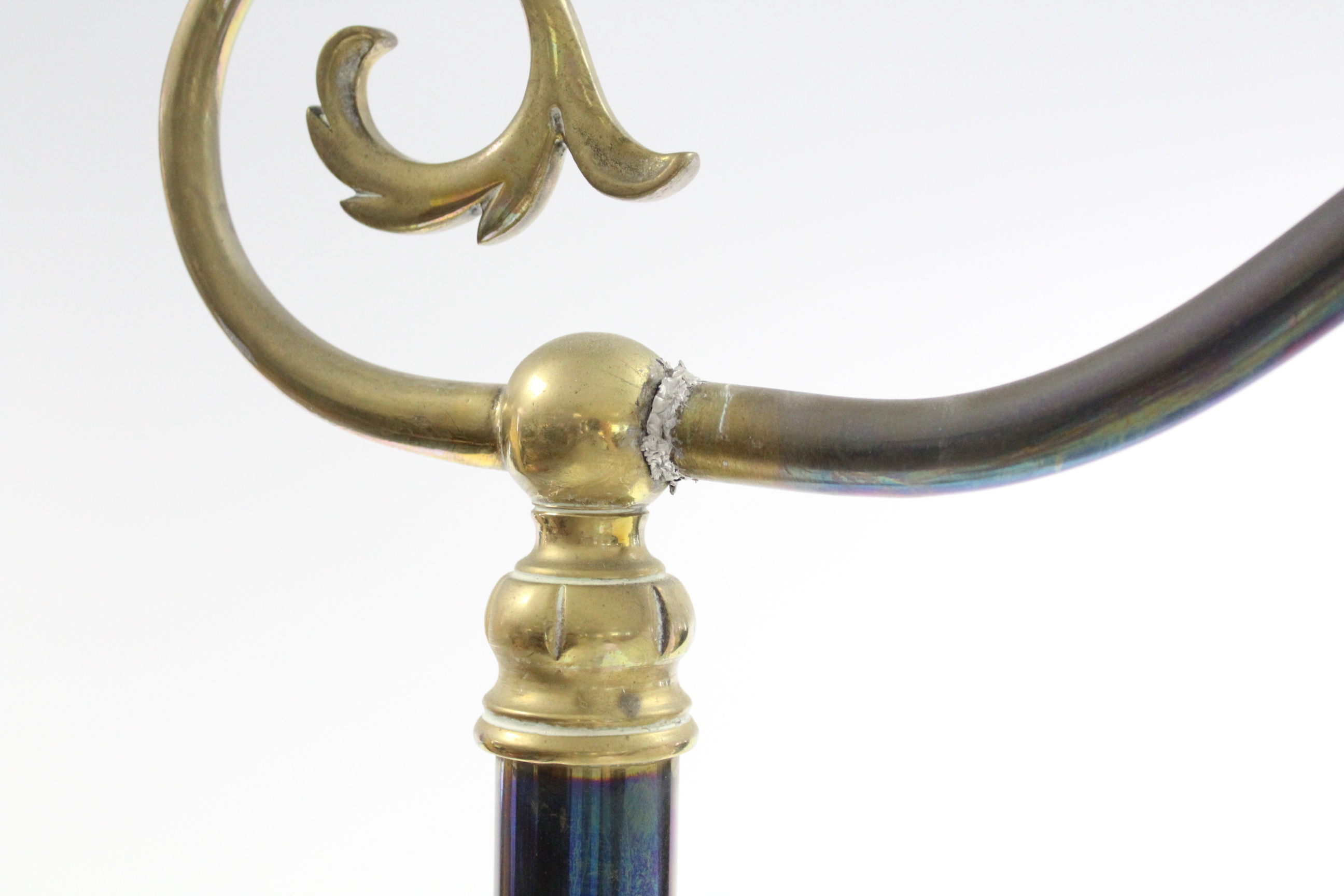 A pair of Edwardian-style brass standard lamps, each with foliate scroll arm on turned centre column - Image 2 of 2