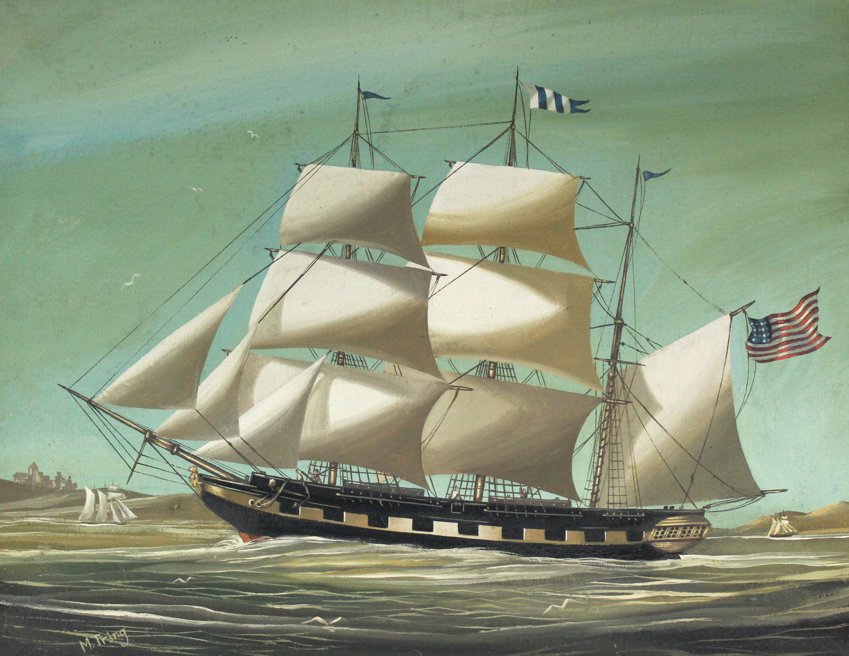 TRING, M. (20th century). An American three-masted merchant ship off the coast. Signed; oil on