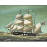 TRING, M. (20th century). An American three-masted merchant ship off the coast. Signed; oil on