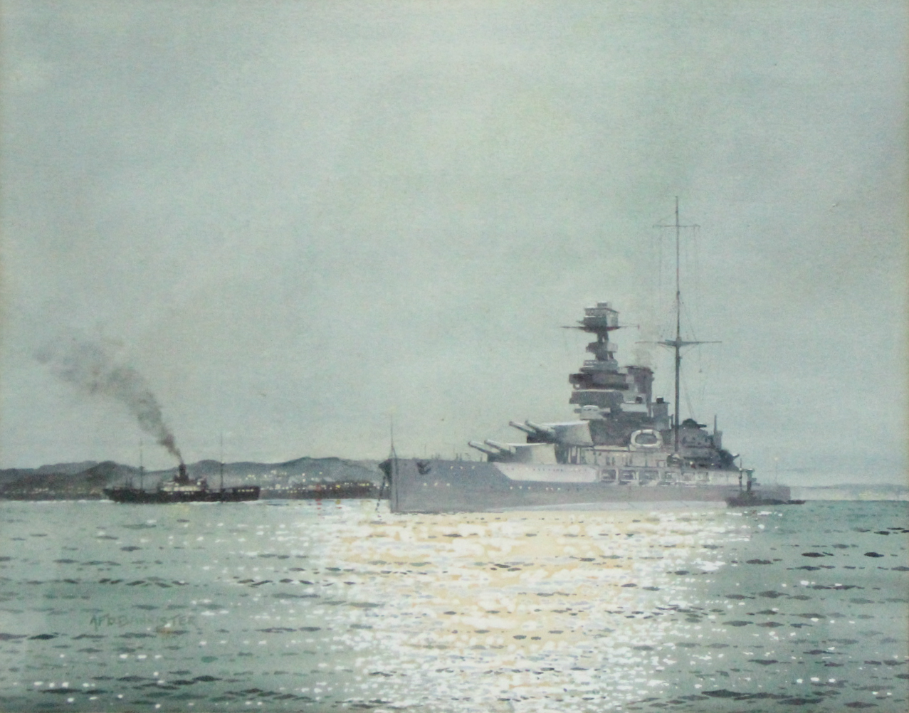 BANNISTER, Albert Francis Derek (1899-1968). H.M.S. Barham at anchor. Signed & dated 1935;