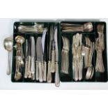 An extensive service of Mappin & Webb reed-edge flatware & cutlery with leaf-scroll terminals,