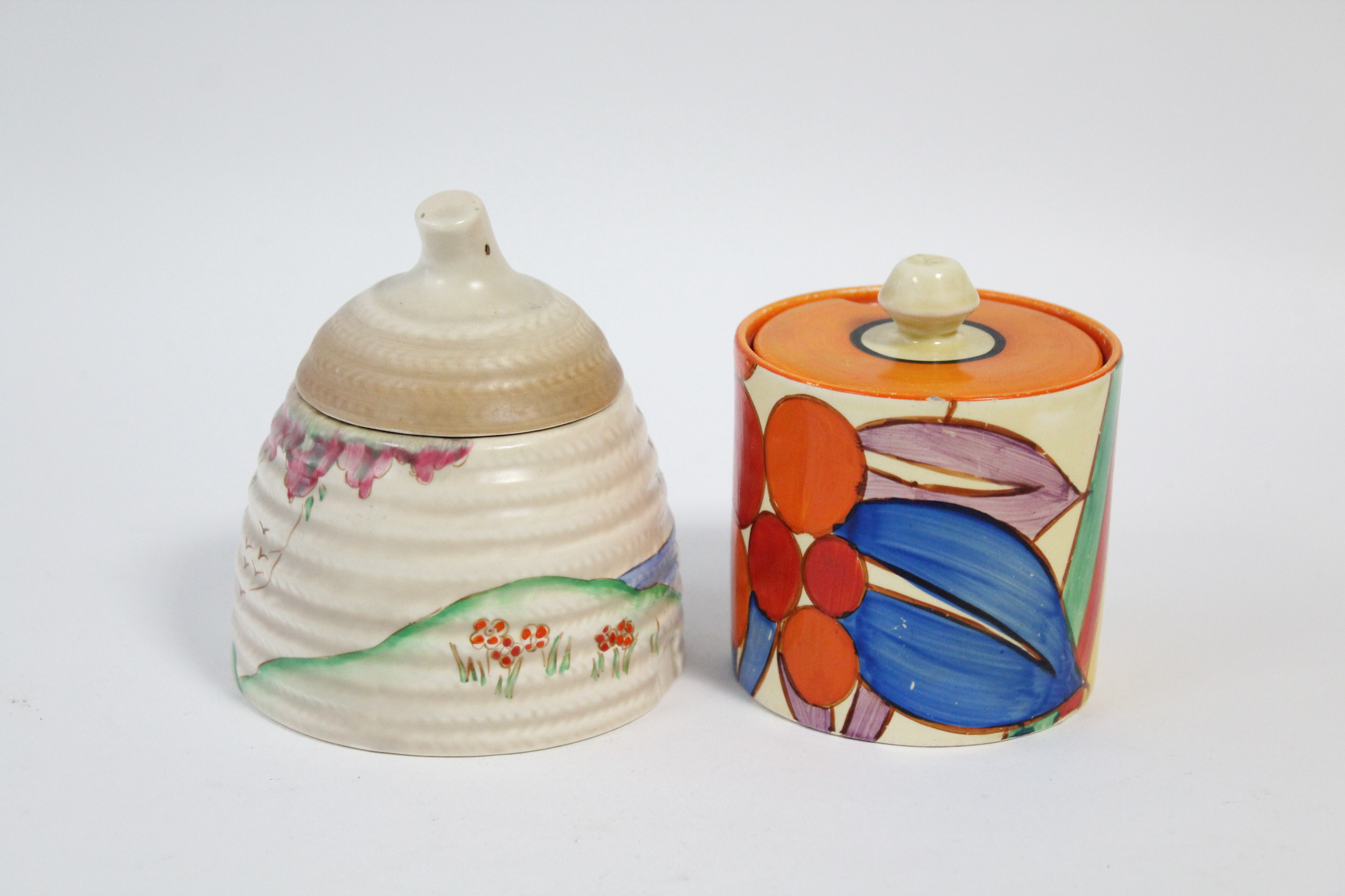 A CLARICE CLIFF “BERRIES” PATTERN PRESERVE POT, circa 1930-2, of cylindrical shape, with flat cover, - Image 3 of 5