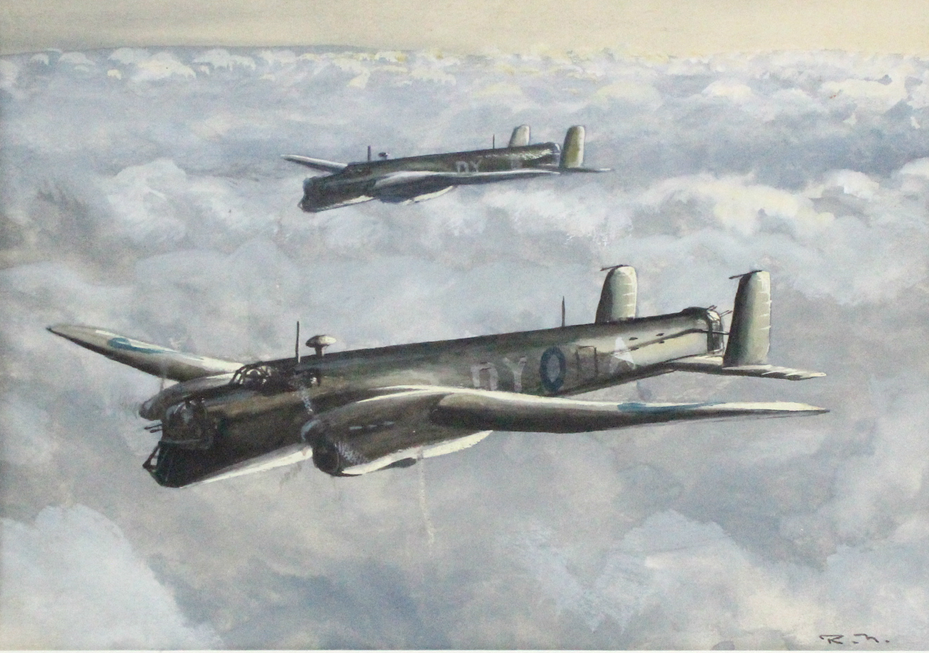 NOCKOLDS, Roy. (1911-1979). Two World War II Whitley bombers above the clouds. Signed with initials;