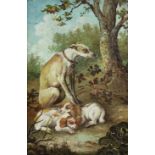 ENGLISH SCHOOL, early-mid 19th century. A greyhound & two spaniels seated in a woodland clearing.