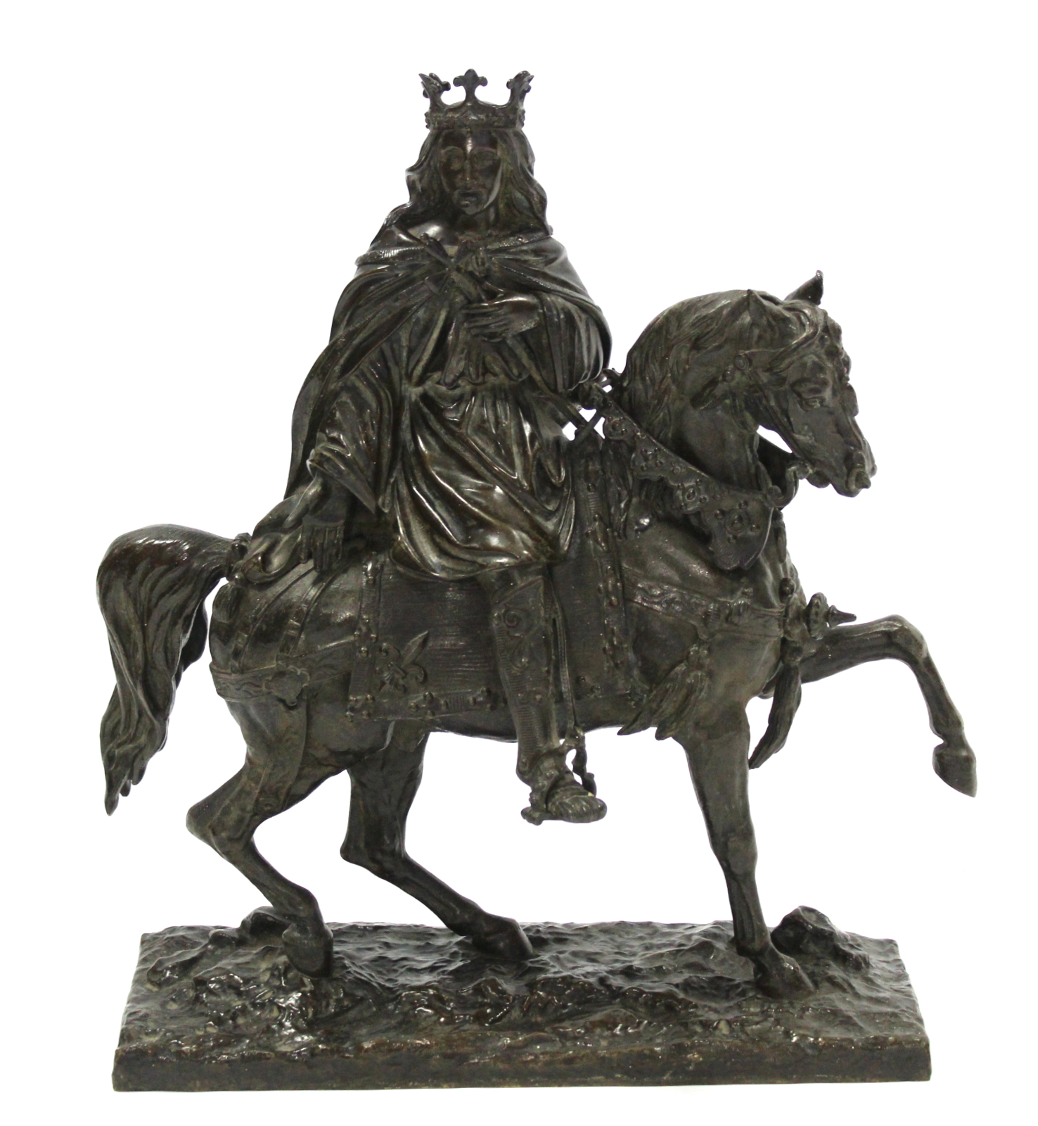 A 19th century BRONZE EQUESTRIAN FIGURE OF A MEDIEVAL KING wearing a crown & with sword in one hand,