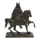 A 19th century BRONZE EQUESTRIAN FIGURE OF A MEDIEVAL KING wearing a crown & with sword in one hand,