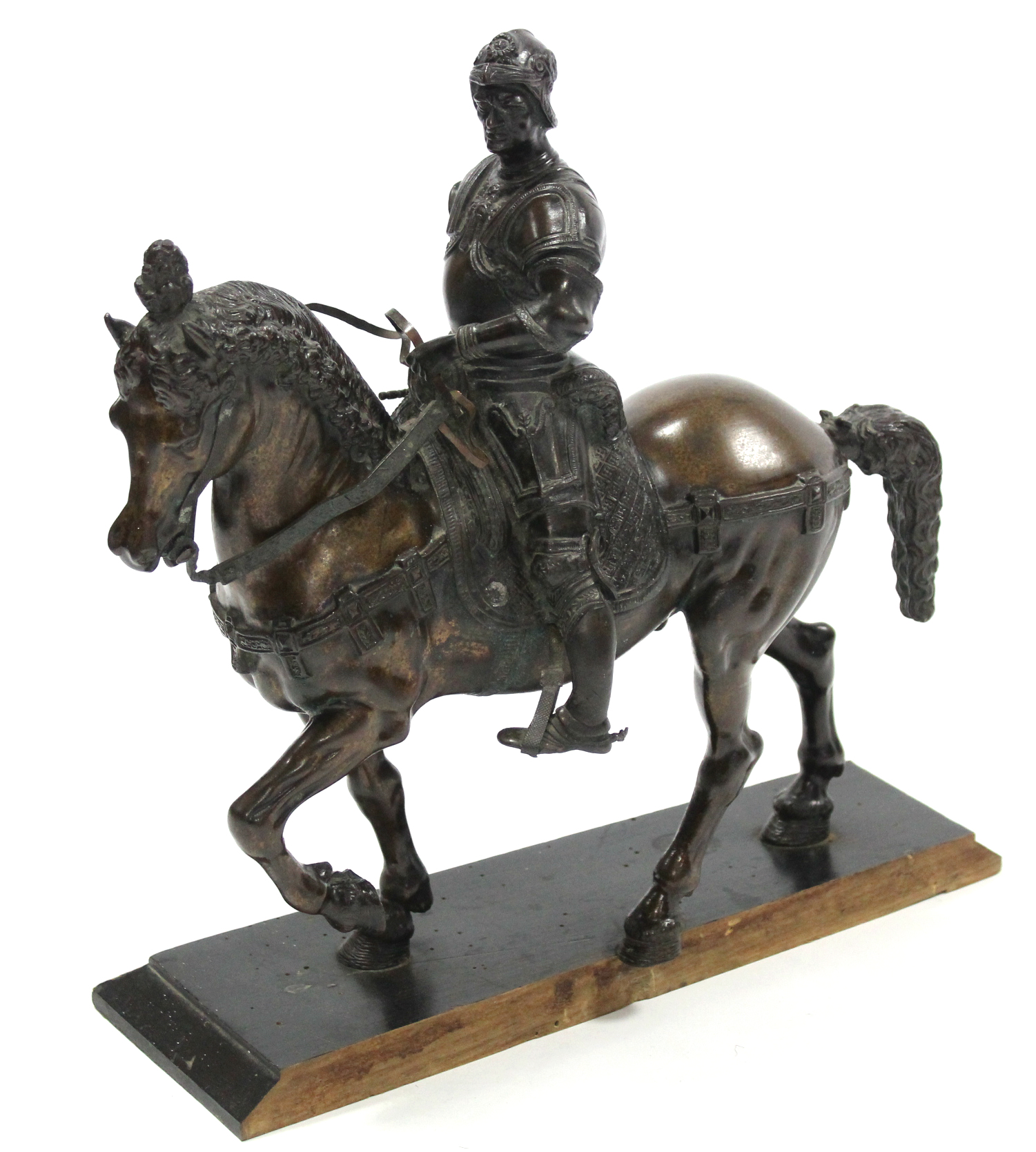 A 19th century gilt-bronze equestrian group of Bartolomeo Colleoni, after del Verrocchio; 14” x 14”,