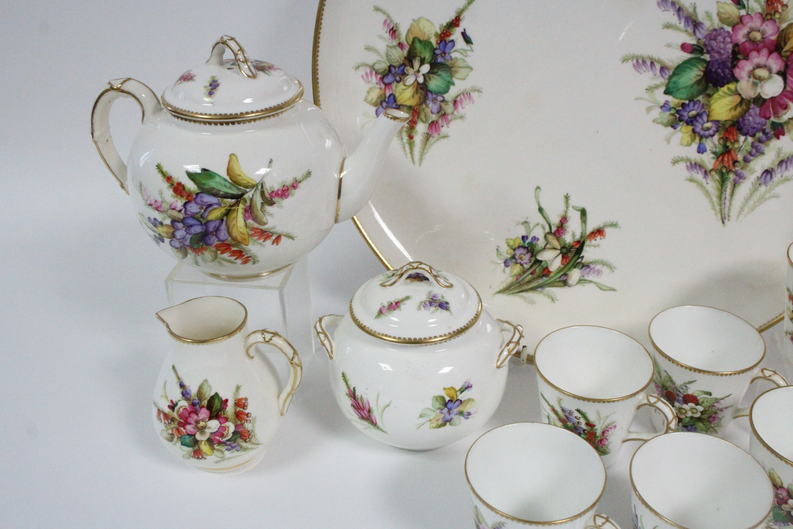 A ROYAL WORCESTER PORCELAIN TEA SERVICE with painted floral decoration on a white ground & with gilt - Image 3 of 6