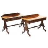 A PAIR OF MID-VICTORIAN MAHOGANY SIDE TABLES, the rectangular tops with rounded corners, rosewood