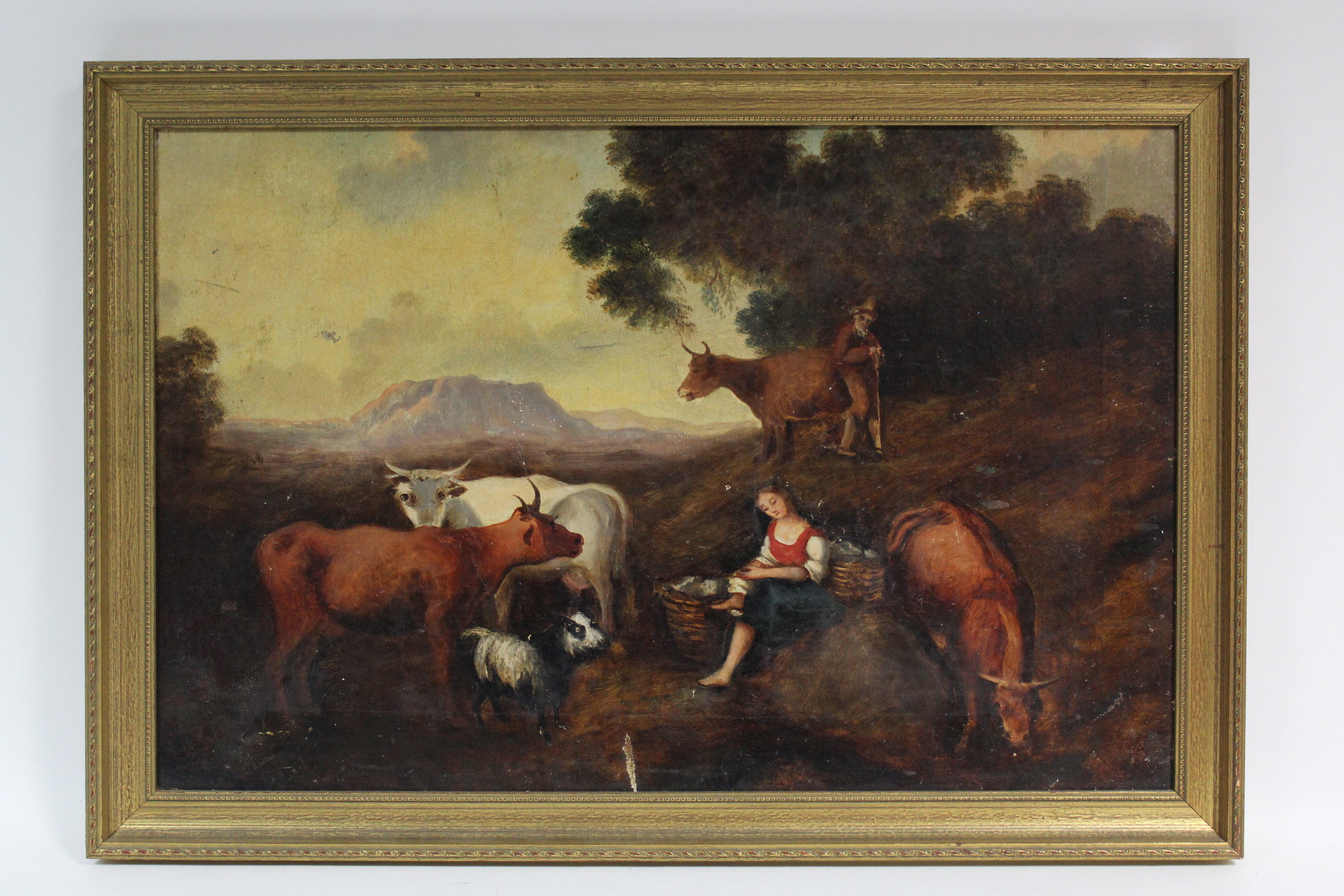 ENGLISH SCHOOL, 19th century. A wooded landscape with figures, cattle, & goats to the fore. Oil on