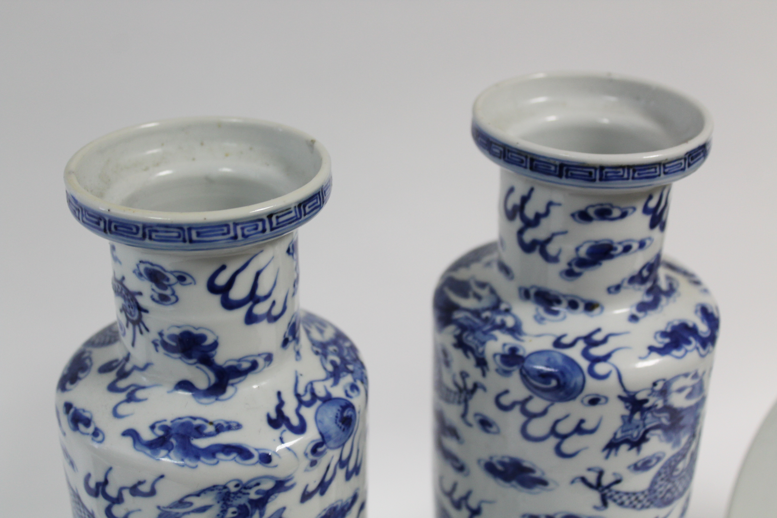A pair of 19th century Chinese blue-&-white Rouleau vases with painted dragon decoration, 10” - Image 3 of 15