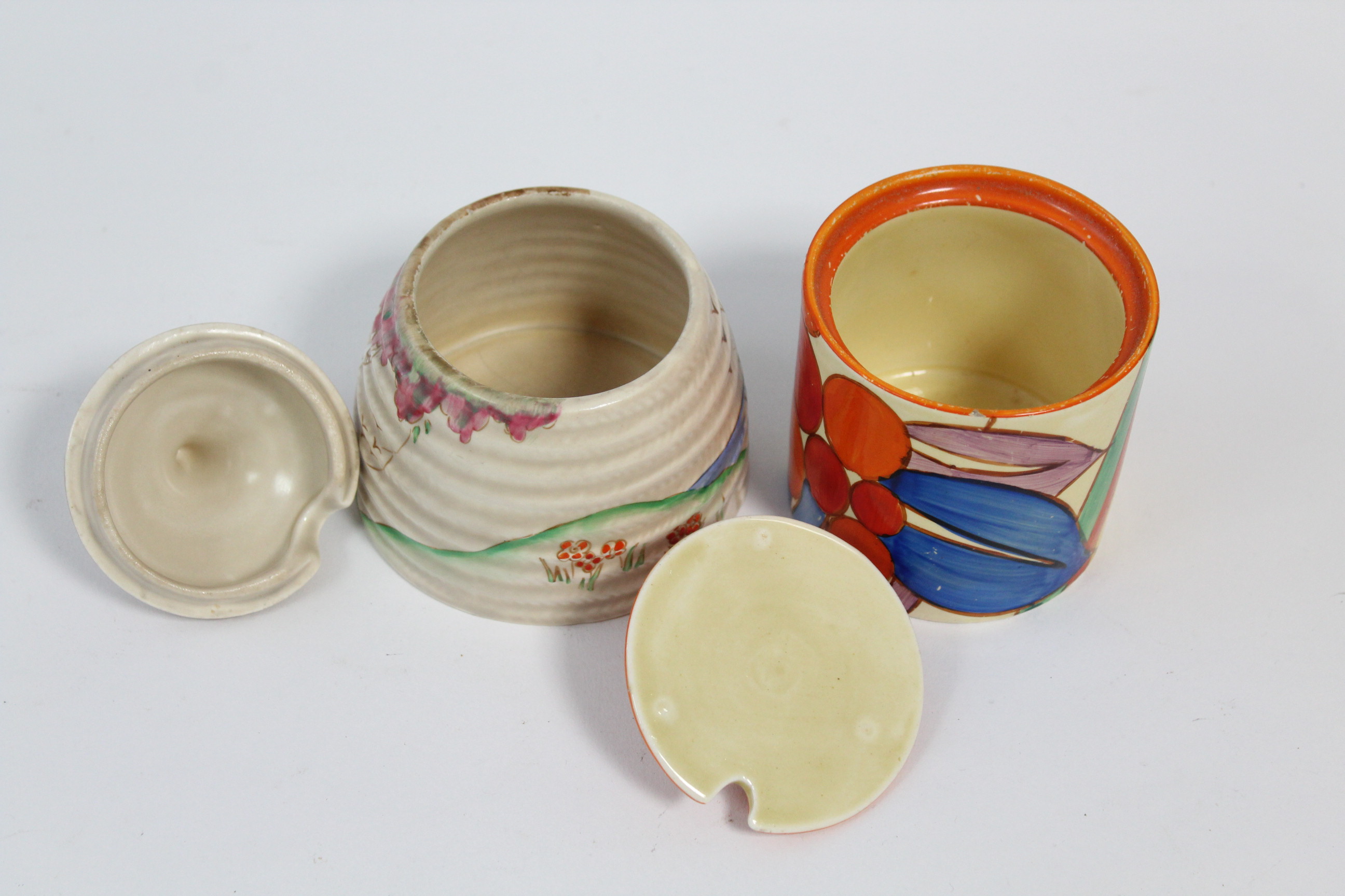 A CLARICE CLIFF “BERRIES” PATTERN PRESERVE POT, circa 1930-2, of cylindrical shape, with flat cover, - Image 4 of 5