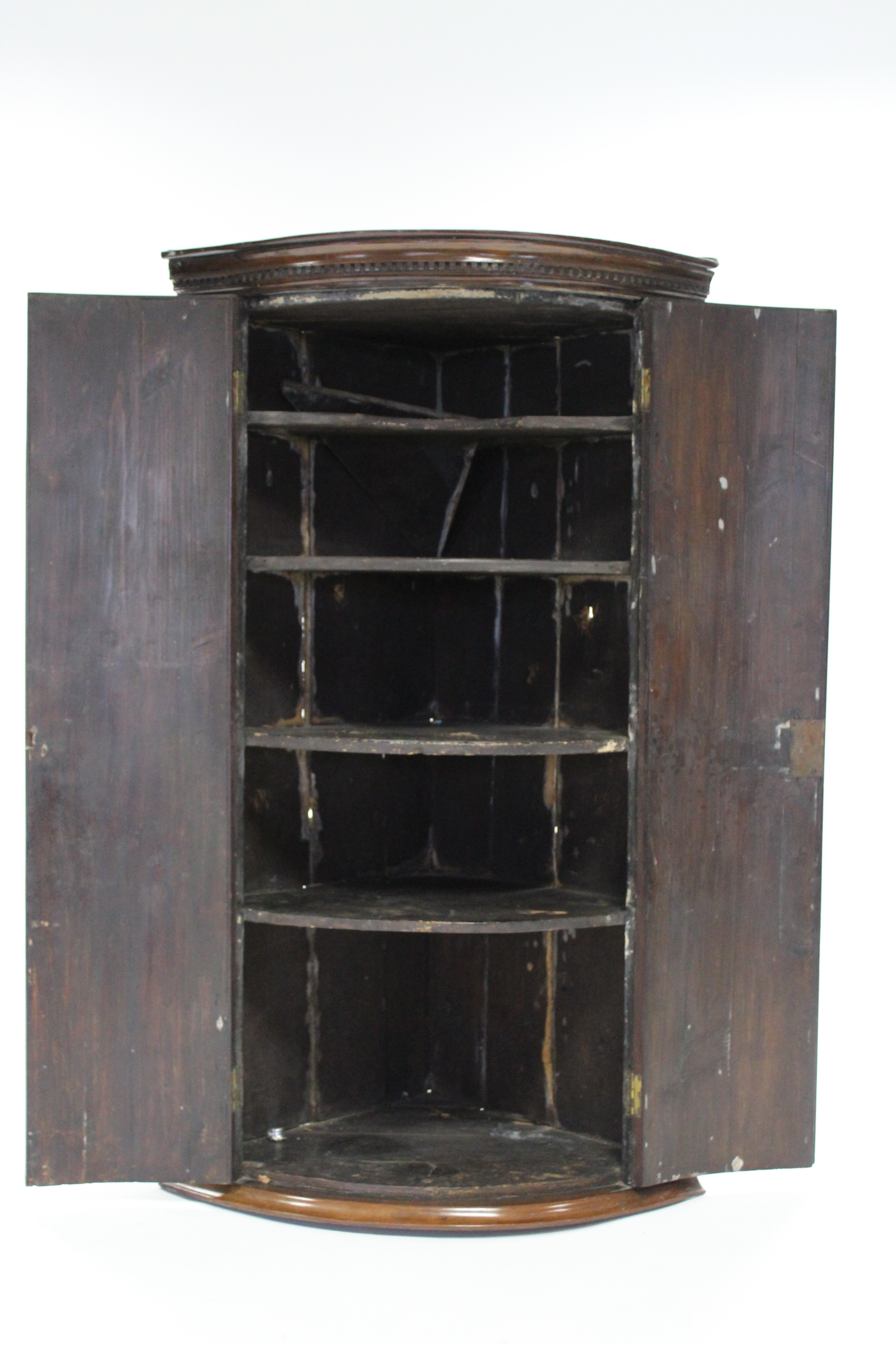 An early 19th century inlaid-mahogany bow-front corner cupboard, with dentil cornice above a pair of - Image 2 of 2