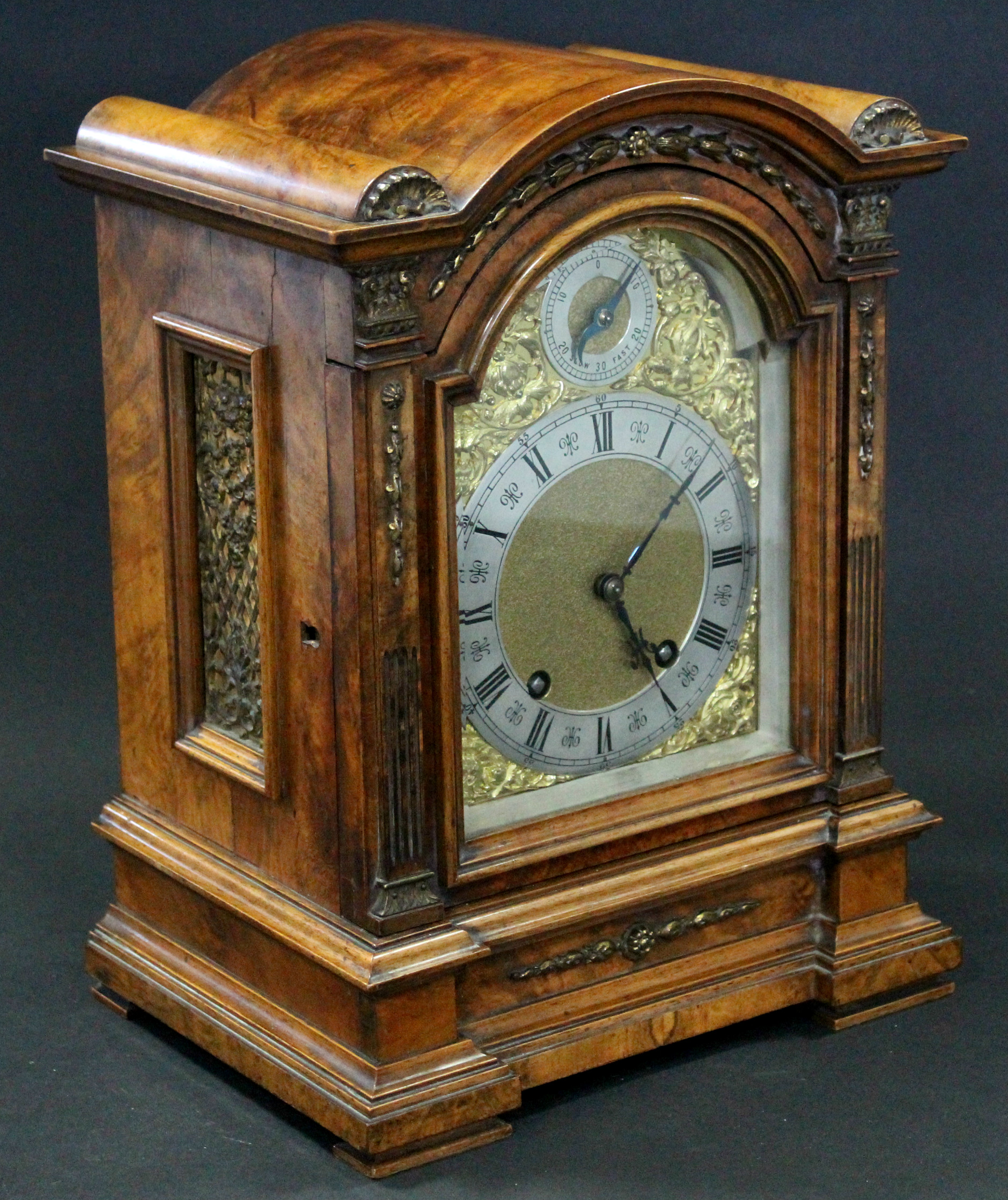 A late 19th century burr-walnut mantel clock in domed-top architectural case with gilt-metal mounts, - Image 2 of 3