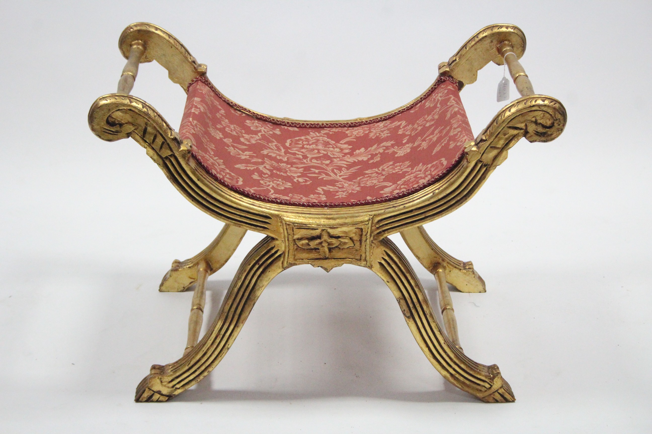 A regency-style giltwood stool, the carved & reeded ‘X’ frame joined by turned stretchers, & on - Image 3 of 4