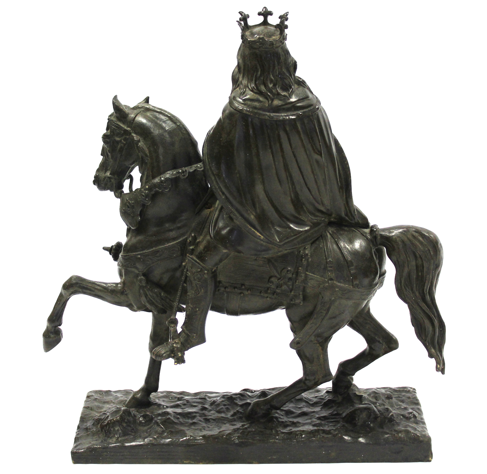 A 19th century BRONZE EQUESTRIAN FIGURE OF A MEDIEVAL KING wearing a crown & with sword in one hand, - Image 5 of 5